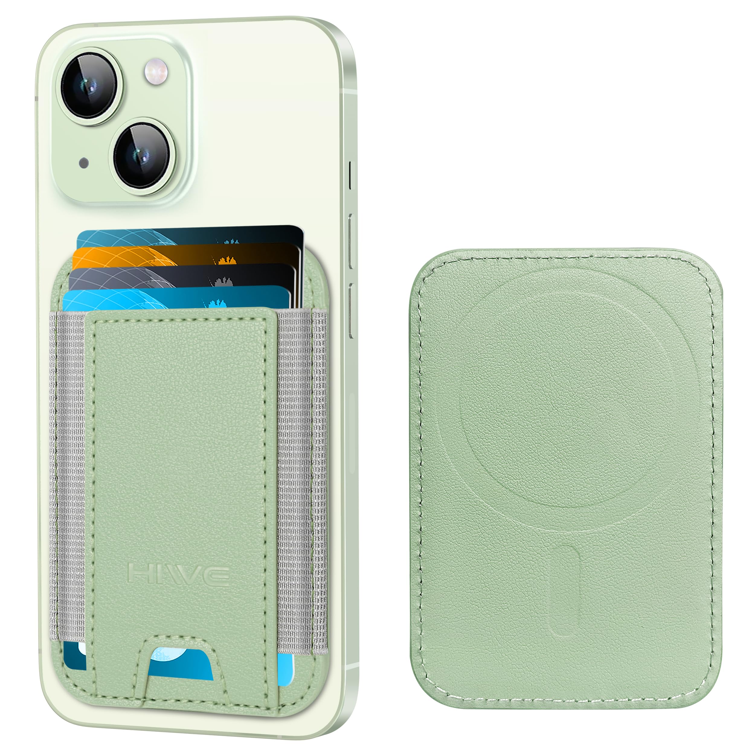 HiWefor Magsafe Wallet, Magnetic Card Holder for iPhone 15/14/13/12 Series, Leather Wallet, Fit 6 Cards, RFID Blocking, Matcha Green