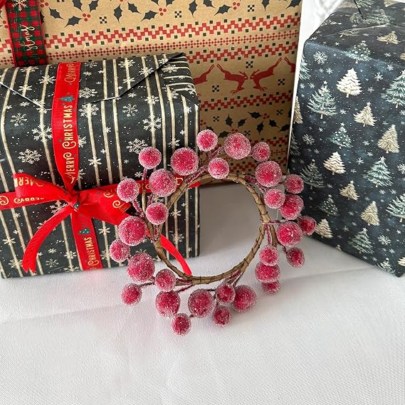 2 PCS 9 Inch Christmas Iced Red Berries Mini Wreath for Candle Ring and Centerpieces Decoration, Christmas Kitchen Cabinet Decorative Small Wreaths