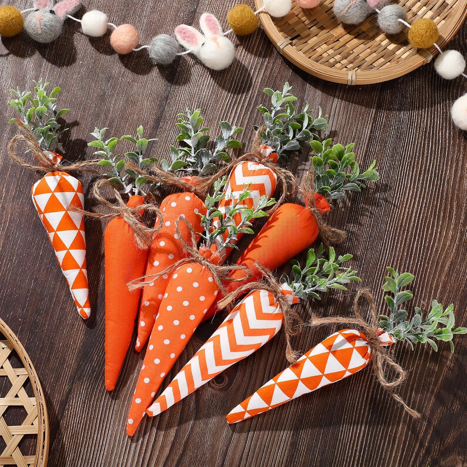 Skylety Easter Carrot Decorations 8 Pack, Fabric Artificial Carrots Rustic Nonwoven for Easter Basket Stuffers Fillers, Farmhouse Spring Tiered Tray Vase Mantel Decor(Bright Color)
