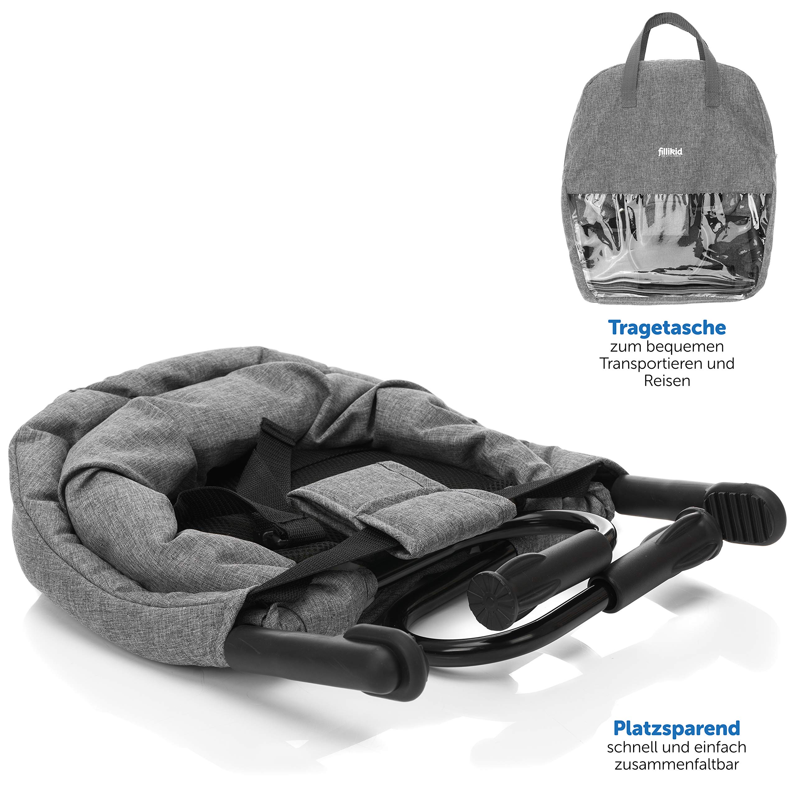 Fillikid faltbarer Tischsitz Babysitz - Grau | Baby Sitzerhöhung / Booster Sitz mit Anti-Rutsch-Klemmen und Tragetasche - Kinder Reisehochstuhl für dicke Tischplatten
