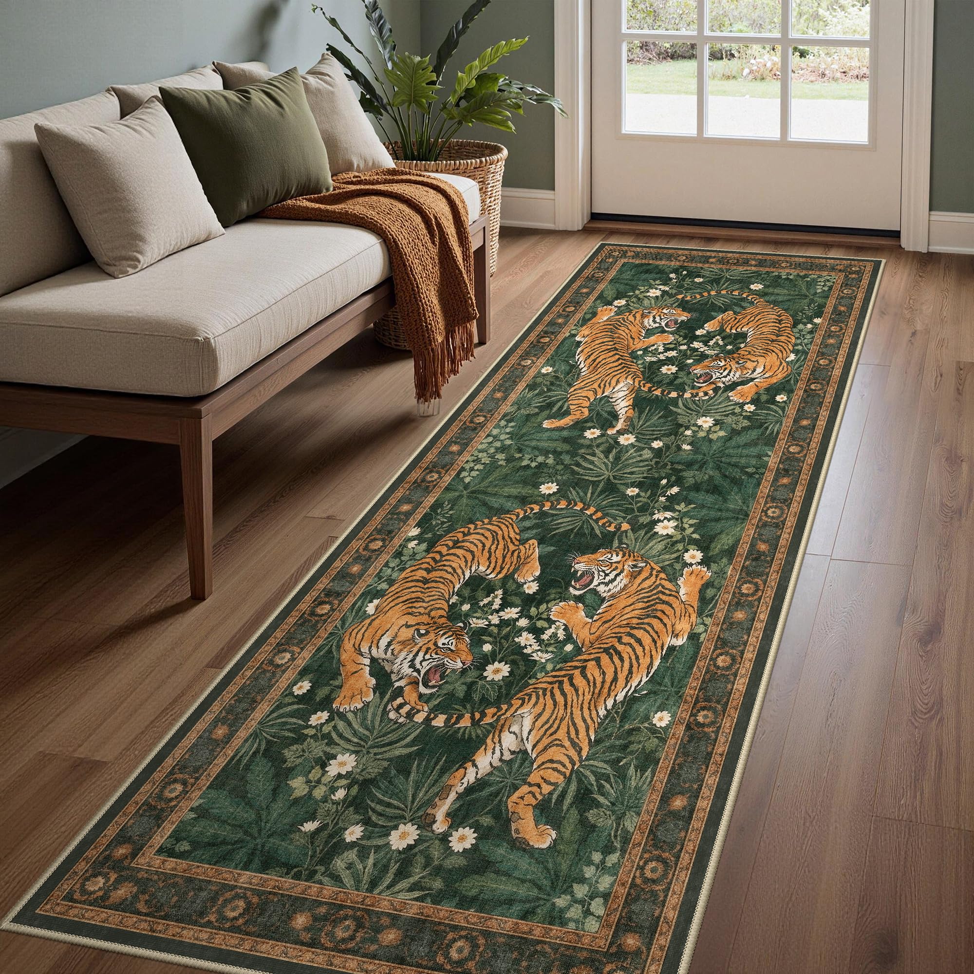 Bavni 2'6''x8' Tiger Washable Runner Rugs Non Slip Hallway Kitchen Bathroom