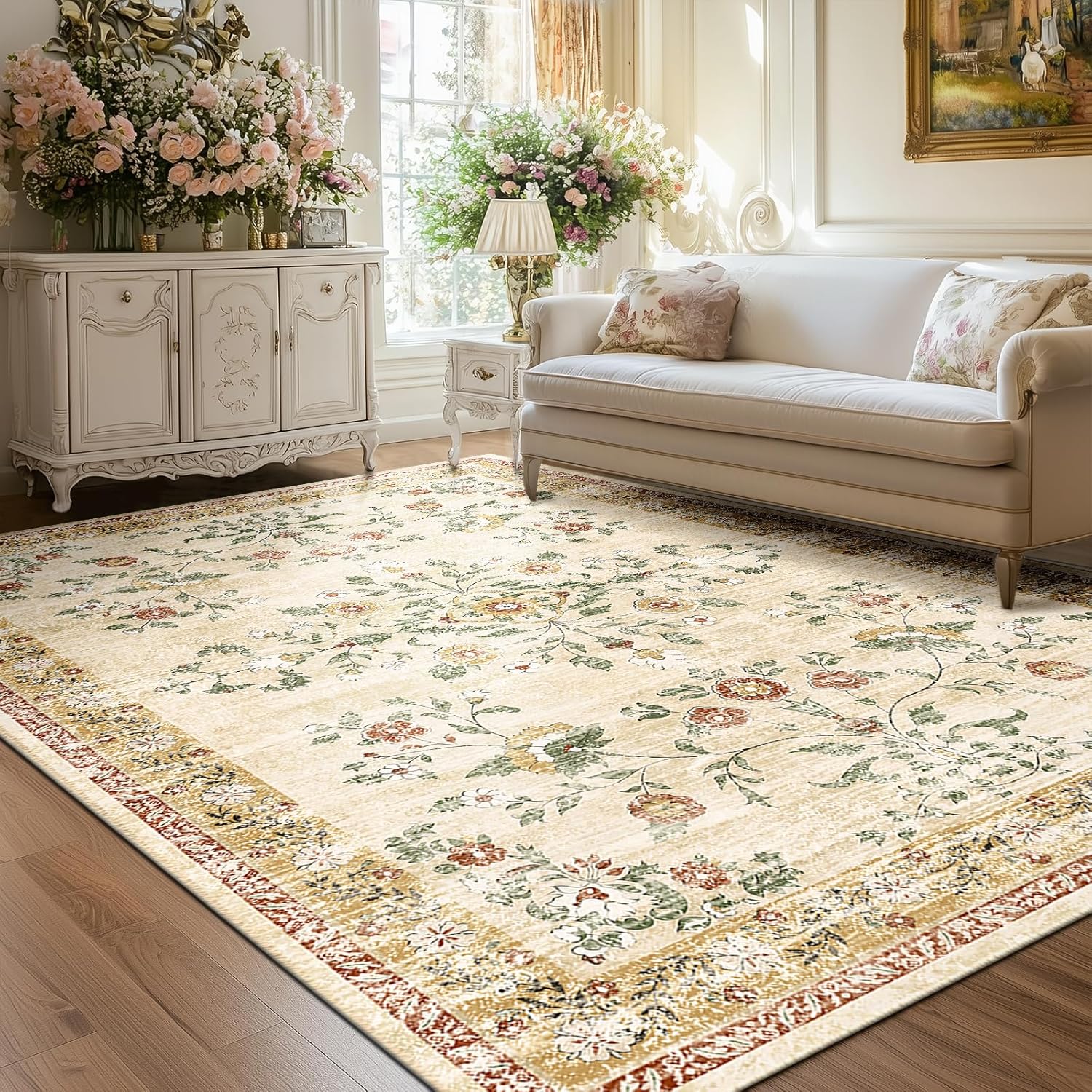 Area Rug 8x10, Vintage Floral Distress Print Pattern, Washable Non-Slip Low-Pile Indoor Carpet for Bedroom, Living Room, Dining Room & Entryway, Orange Green Orange/Green 8x10