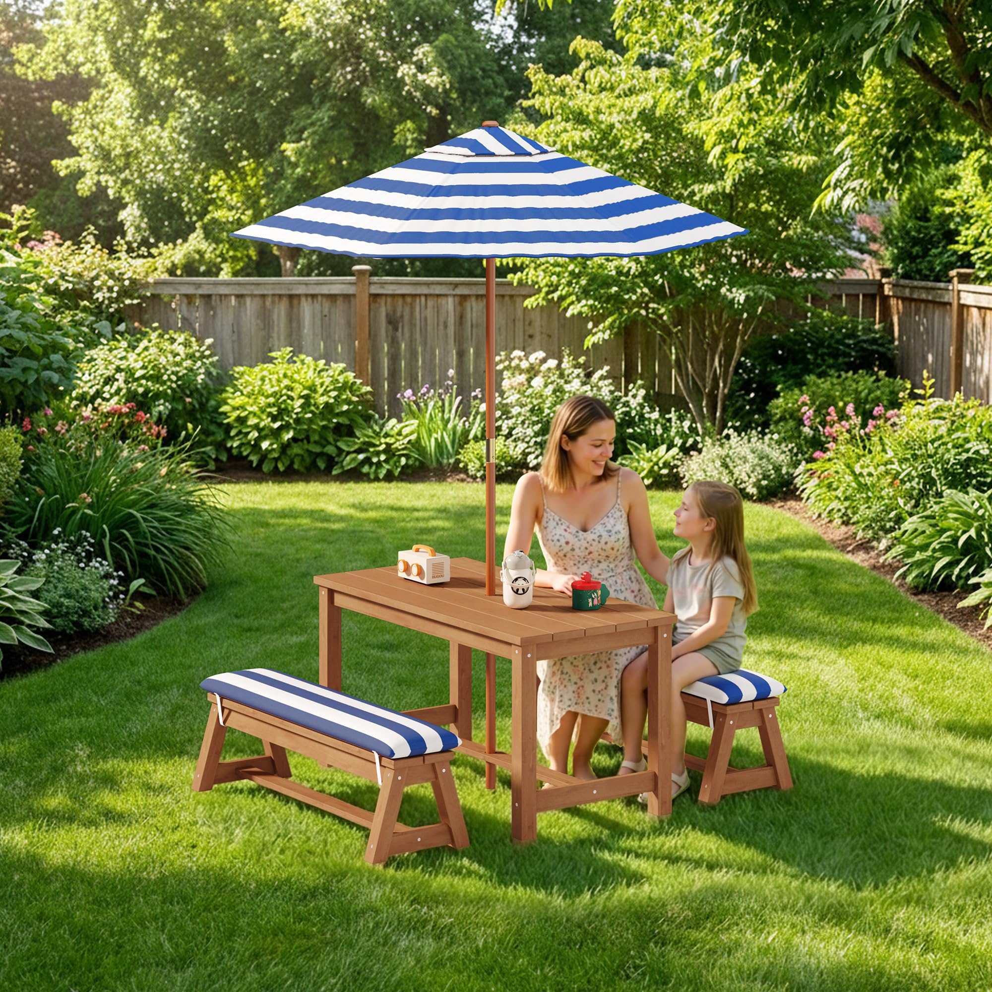 Set da giardino per bambini con parasole, set da esterno con cuscini, tavolo per bambini,tavolo da gioco per cortile,giardino, portico,patio,Blu