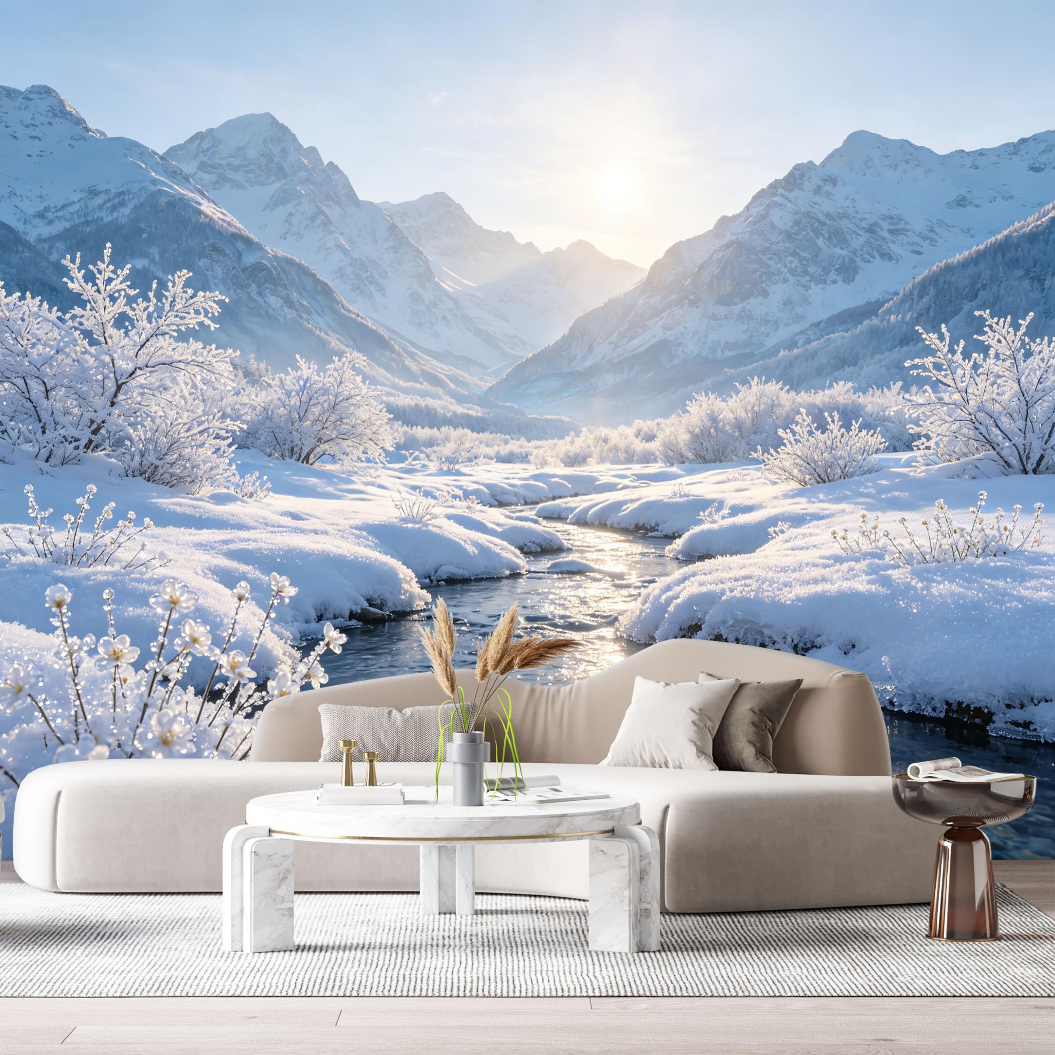 Custom Size Wall Murals Mountain Lake Landscape Snowy Winter Creek 3D Trompe L'Oeil SelfAdhesive Wall Fabric Removable Large Wallpaper for Photo Living Room