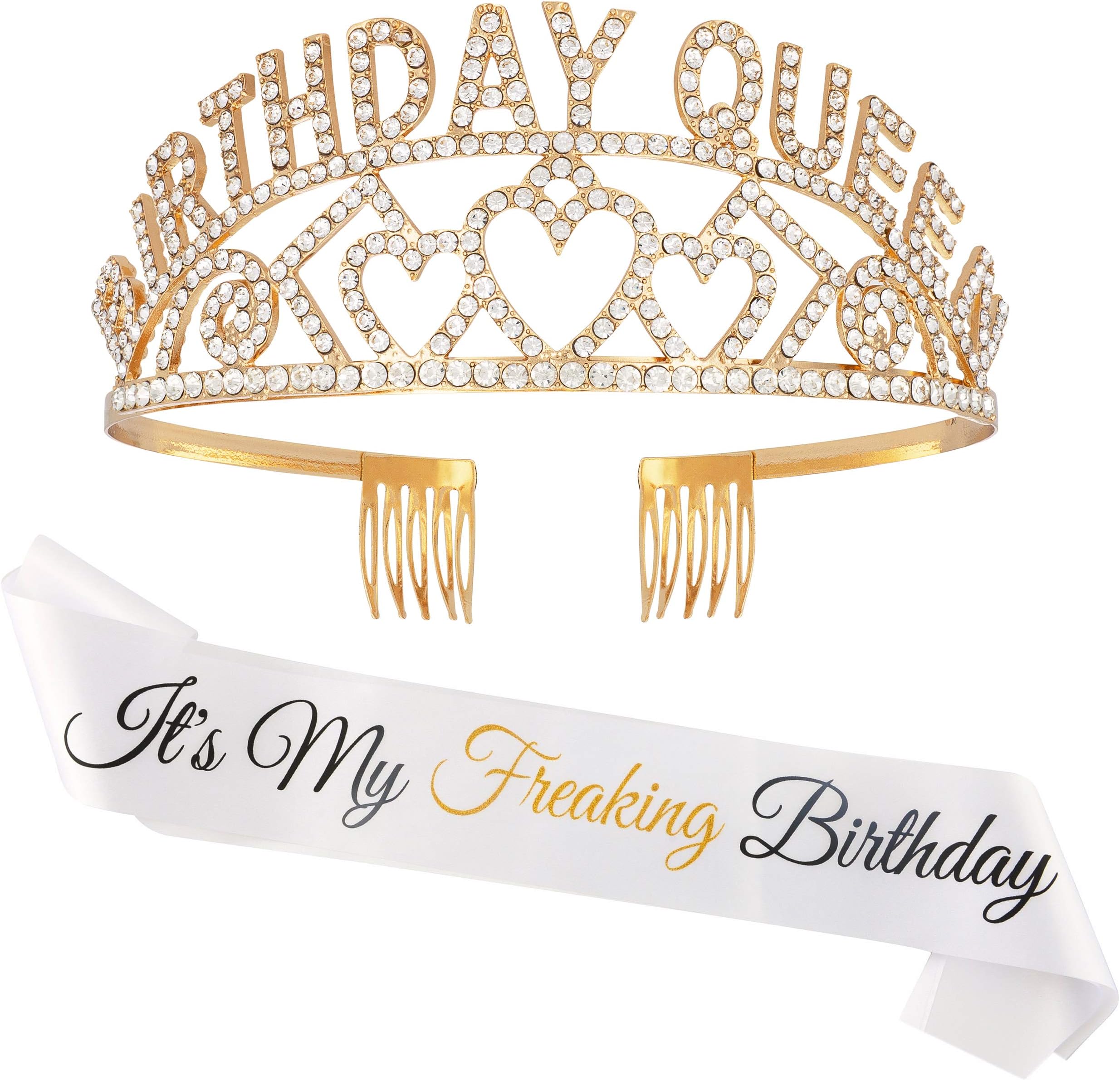 Freaking Birthday Queen Birthday Sash for Women - Premium Rhinestone Birthday Tiara Crown & Sash Kit