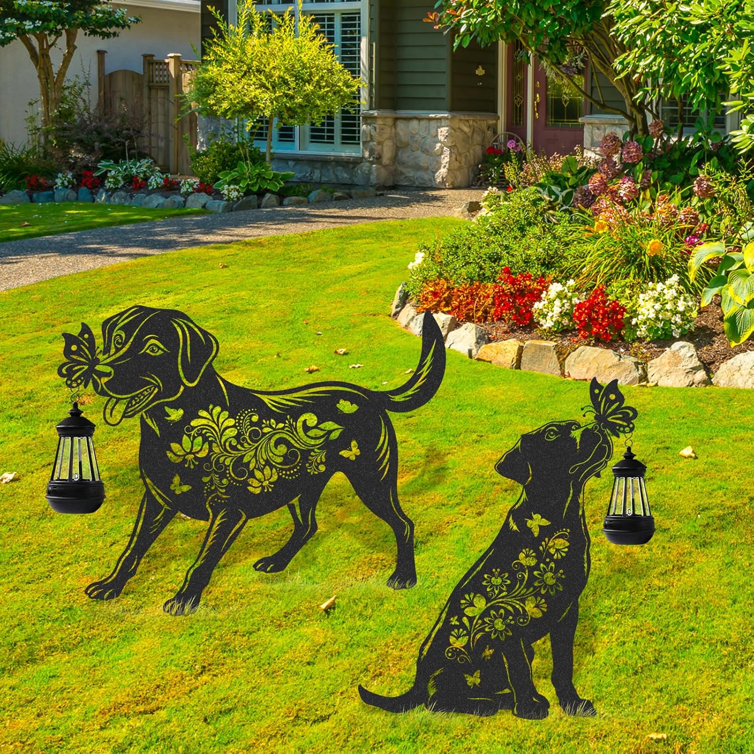 Solar Lights Garden Decor - 2 Pcs Metal Dog Statues Outdoor Decorative Yard Stakes with Lantern Waterproof Patio Lawn Pathway Ornaments Christmas Decorations Gifts for Women Animal Lover - Image 5