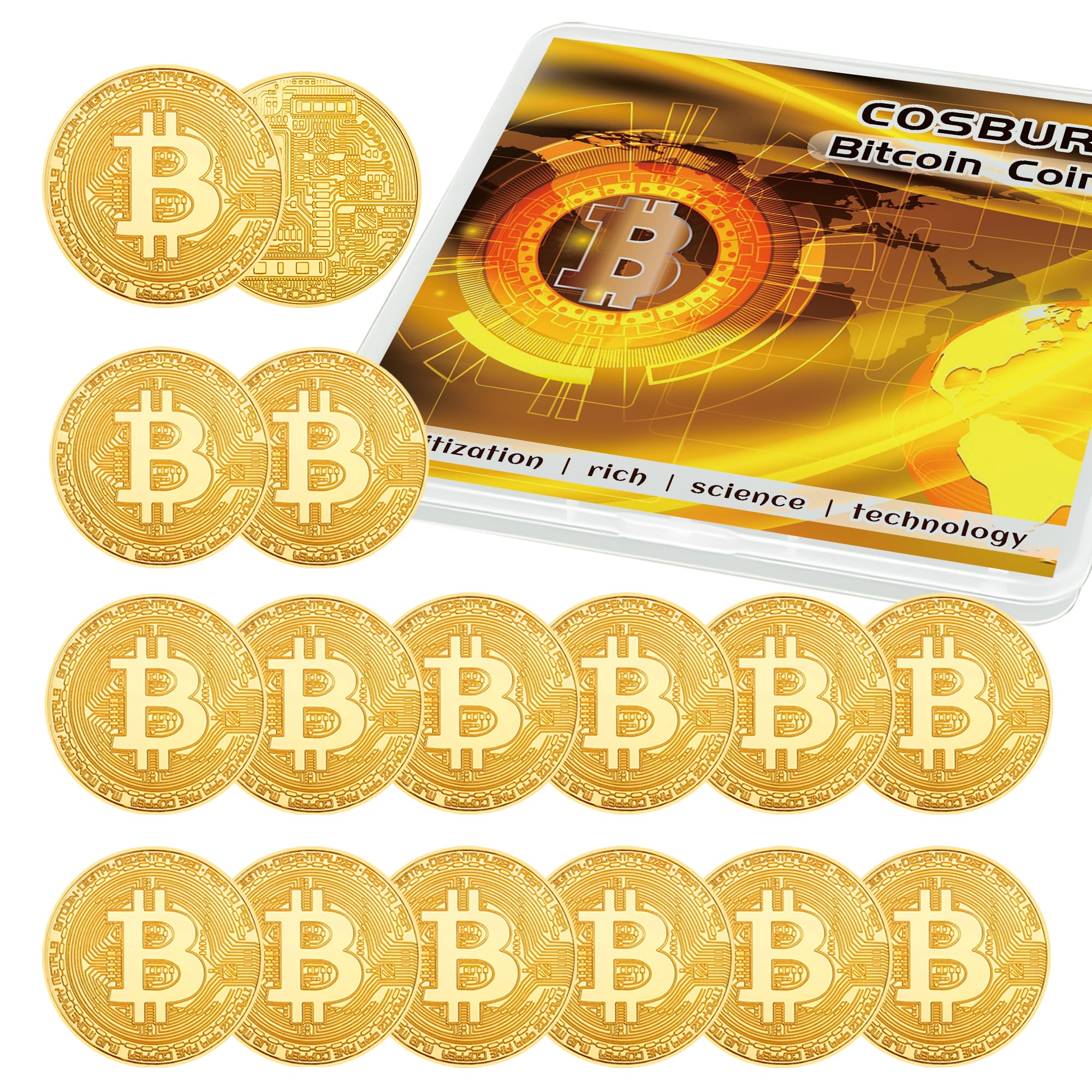 15Pcs Bitcoin Coin, Bitcoin Commemorative Coin, Blockchain Cryptocurrency, Collectible Coin with Protective Case, Gold Bitcoin Tokens, Home and Office Decoration (Gold)