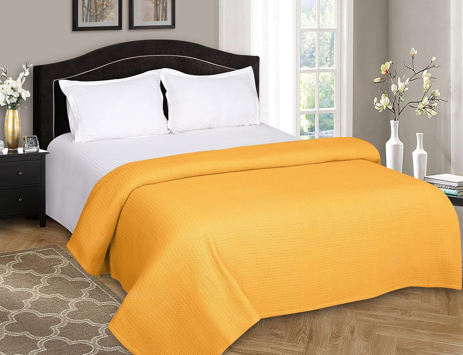 Belizzi Home 100% Cotton Bed Blanket, Breathable Bed Blanket Twin Size, Cotton Thermal Blankets Twin, Perfect for Layering Any Bed for All Season, Mustard Yellow - Image 3
