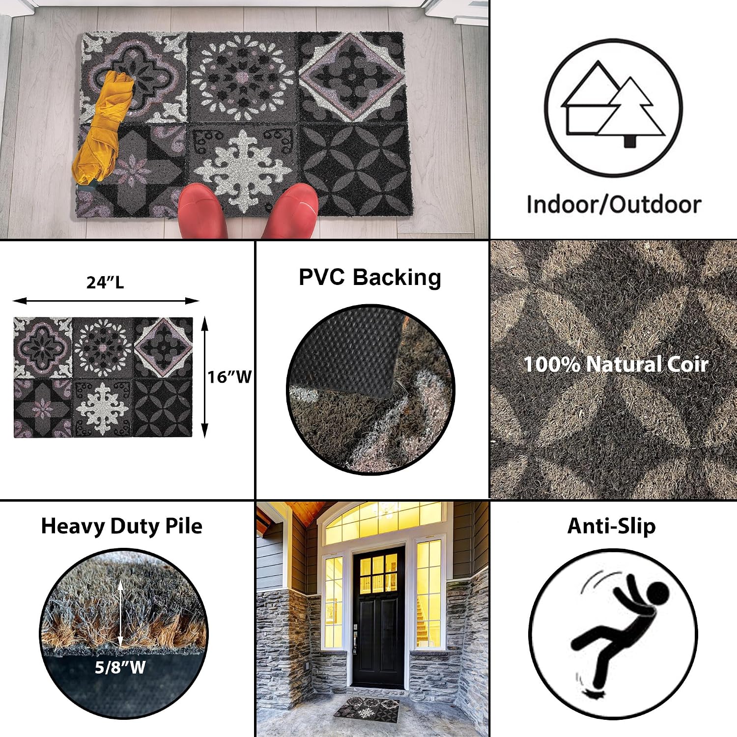Elegant Coconut Door Mat with Cement Tile Design – 24x16 Inches in Sophisticated Gray Hue – Instantly Elevate Your Home's Curb Appeal
