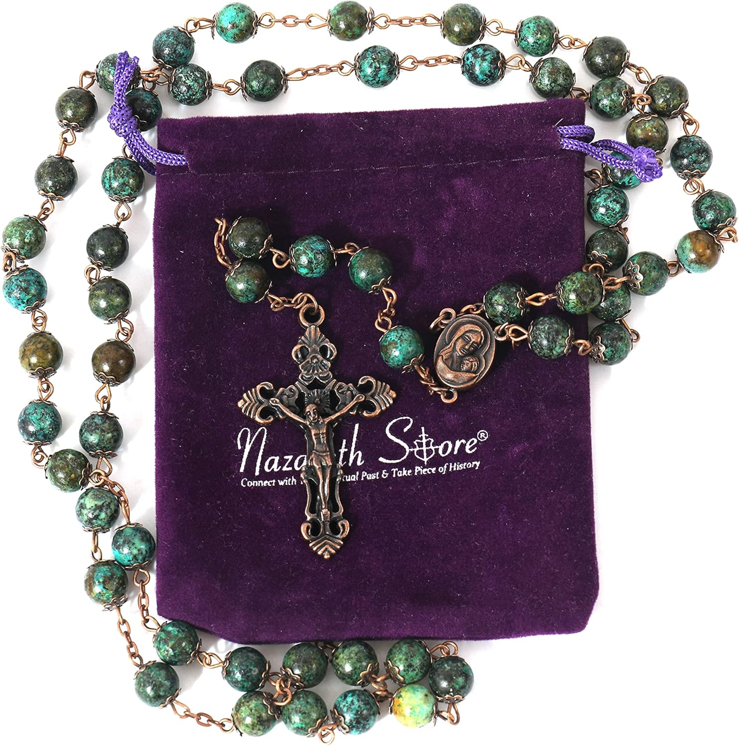 Nazareth Store Vintage Design Rosary Natural Jasper Stone Beads Necklace Holy Soil Medal & Cross Crucifix Religious Rosaries Terra Santa Jerusalem Collection - Image 5