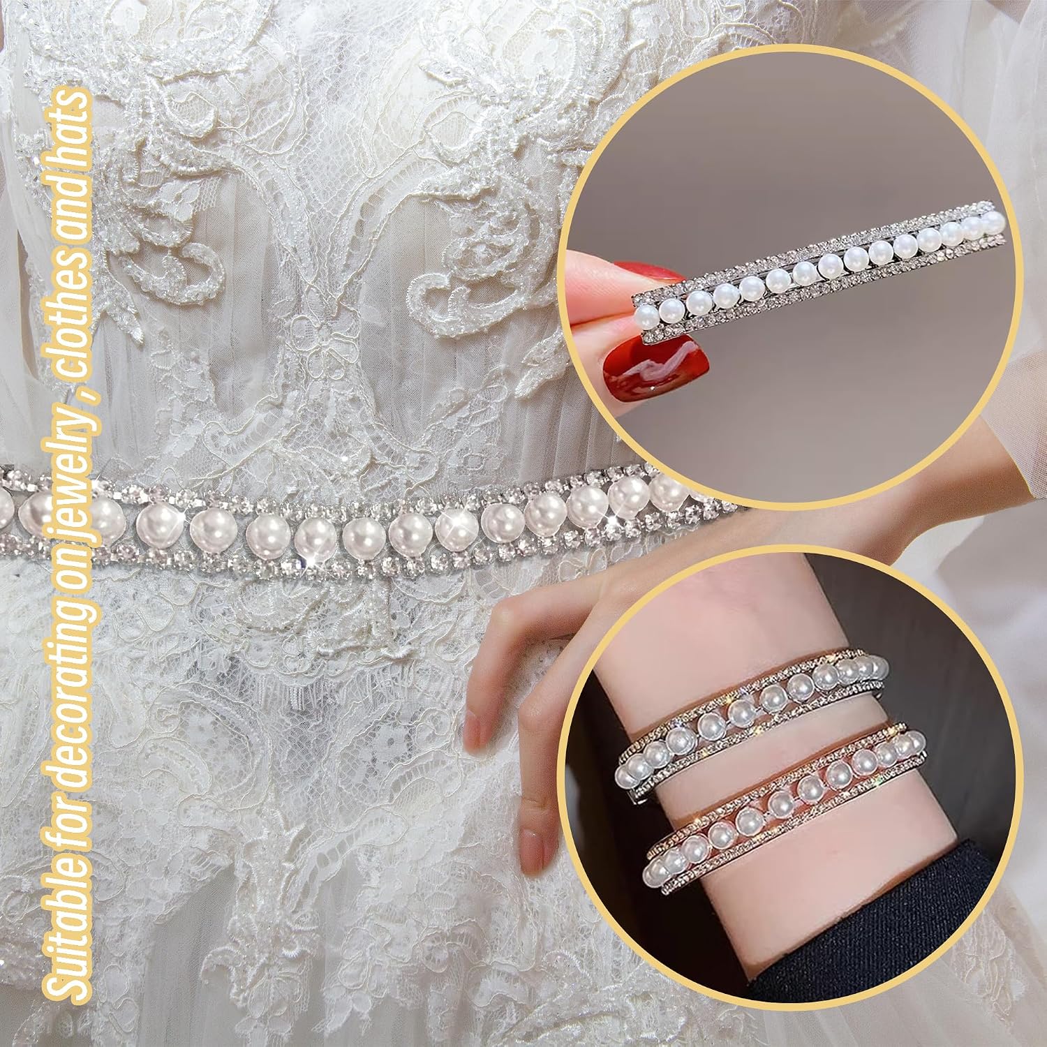 Pearl Rhinestone Trim 1 Yard, Sparkling Pearl Trim Applique for Wedding Dress Belt, DIY Crafts, Clothing Decoration, Pearl Ribbon, Pearl String for Crafting (Style 1)