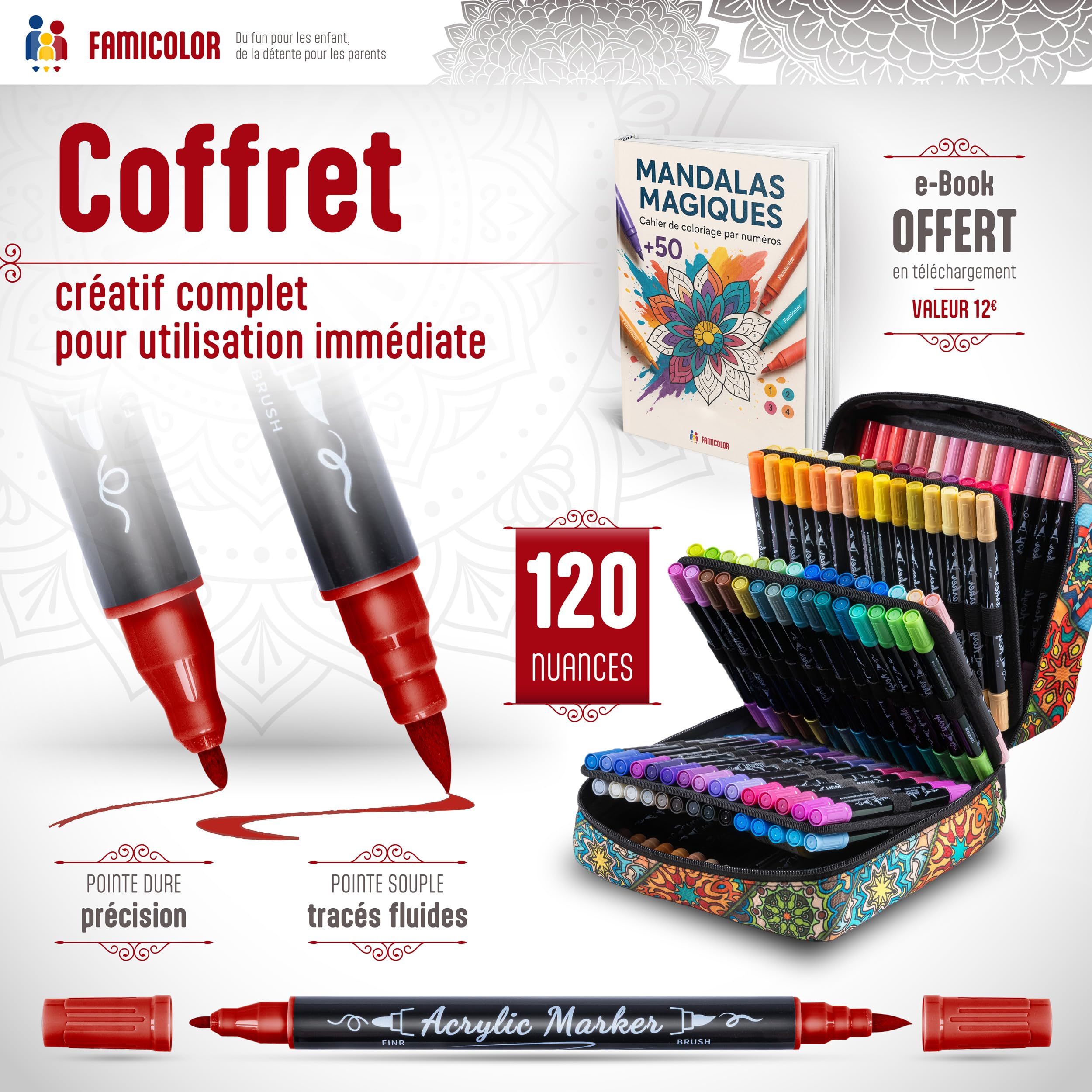 120 Feutres Acryliques | E-Book Offert | Double mine - Nuancier Inclus - Multi-surface, Séchage Rapide - Coloriage, Mandala anti stress​, Facile à Transporter, Acrylic Paint Marker