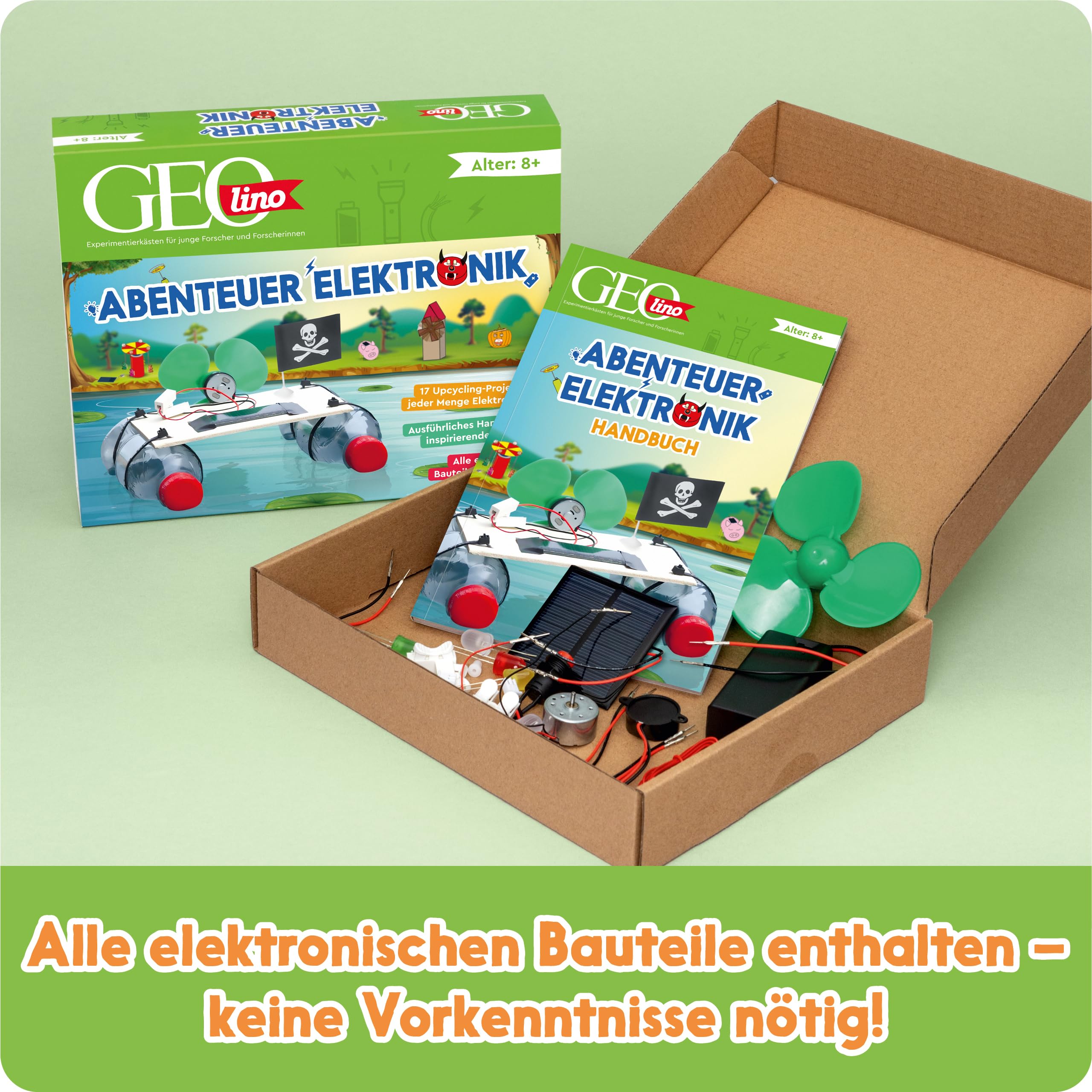 FRANZIS 67073 - GEOlino Experimentierkasten Abenteuer Elektronik, Set mit Solarmodul, LEDs, Solarmotor, Propeller, Handbuch und weiterem Zubehör, ab 8 Jahren, keine Vorkenntnisse nötig