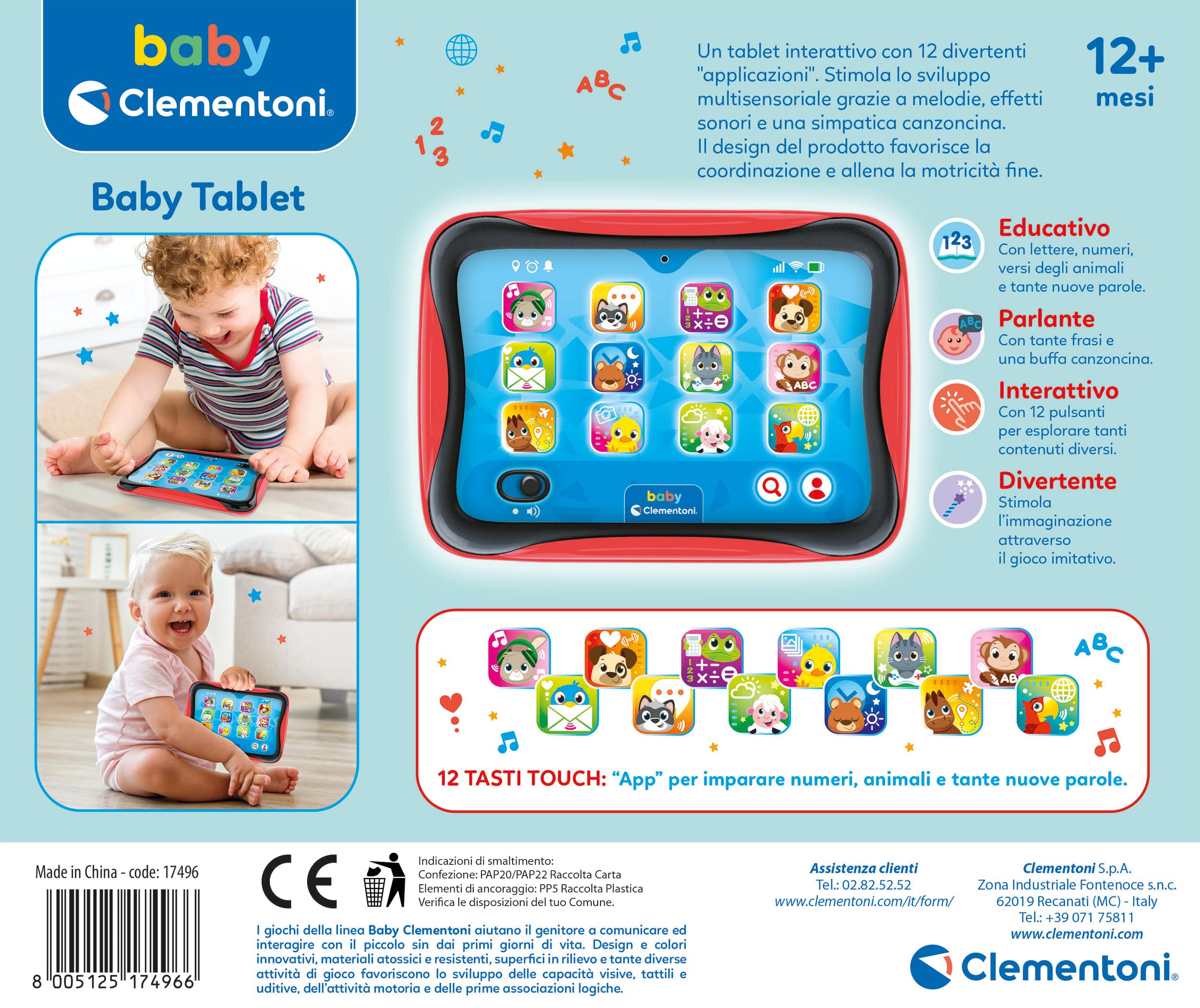 Clementoni Baby Baby Tablet, Gioco Interattivo con Luci e Suoni, Bambini 12-36 Mesi, Insegna Numeri, Lettere, Animali e Colori, Stimola Il Gioco Imitativo, Lingua Italiana, 17496