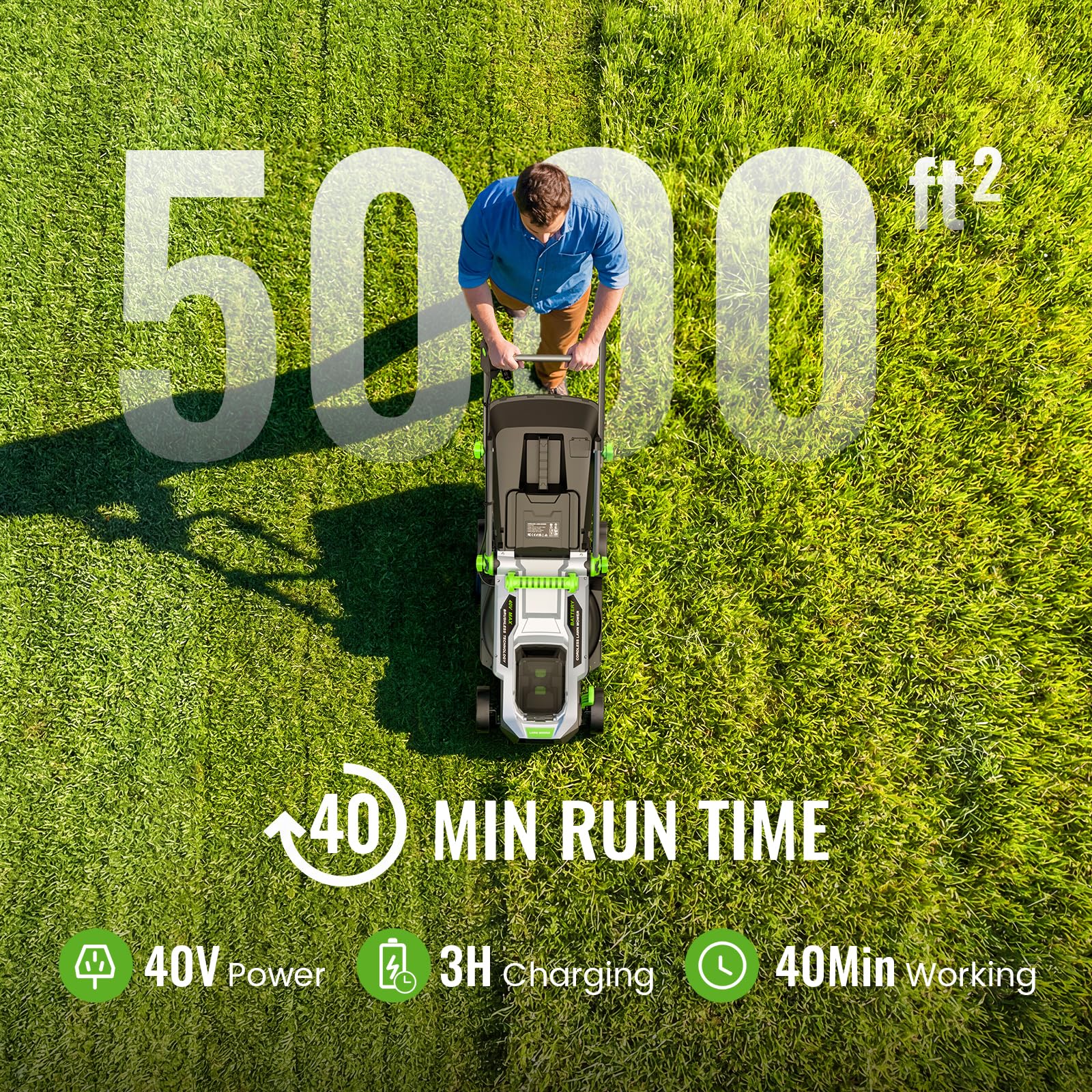 Cordless Lawnmower, ETOOLAB Lawnmower with Brushless Motor up to 280m², 33cm Cutting Width, 5 Cutting Heights, 30L Bag, 2 * 4.0Ah Battery and Charger — view 3