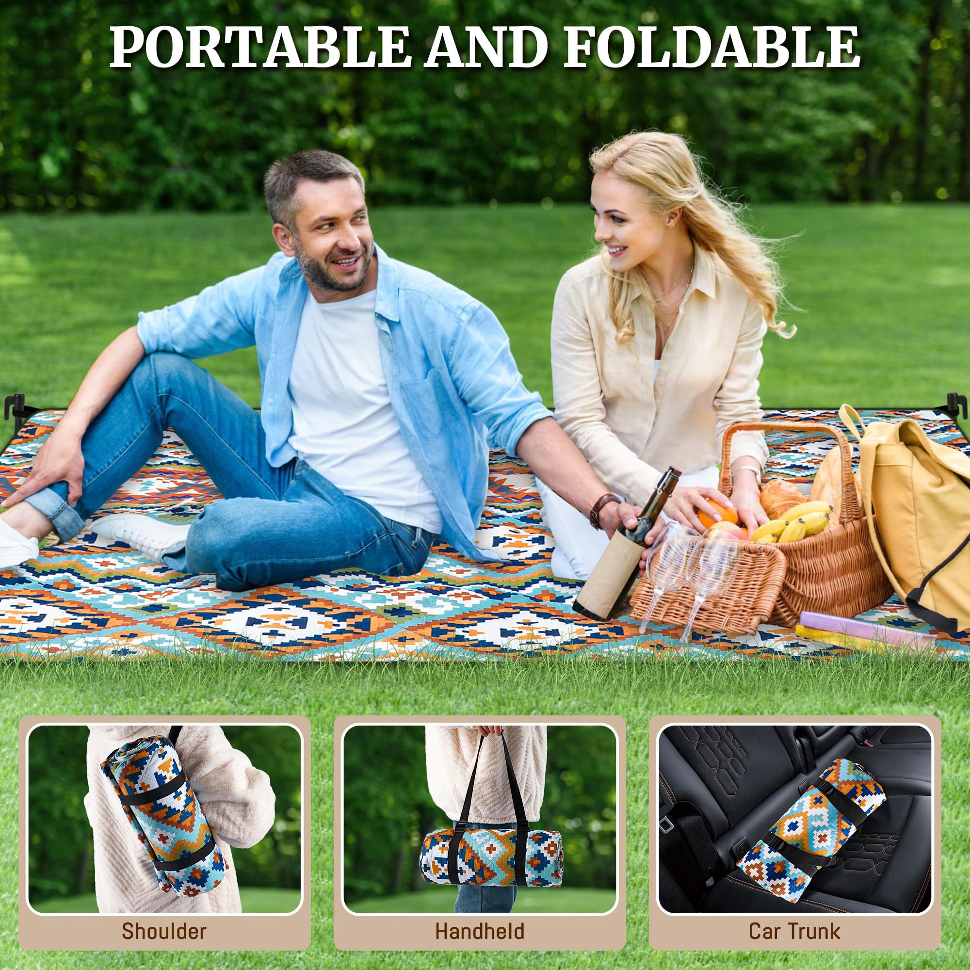 Gucass Manta de Picnic Impermeable 200 x 300cm, Boho Esterilla Playa Plegable Sin Arena Lavable a Máquina, Manta de Camping Grande para Exteriores, Camping, Playa, Parque, Festival y Picnic