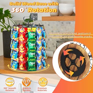 4 Tier Rotating Chip Rack Display Stand with 48 Clips, Countertop Chip Bag Holder with Wooden Base, Rustic Snack Organizer for Party Retail Concession Stand (Black)