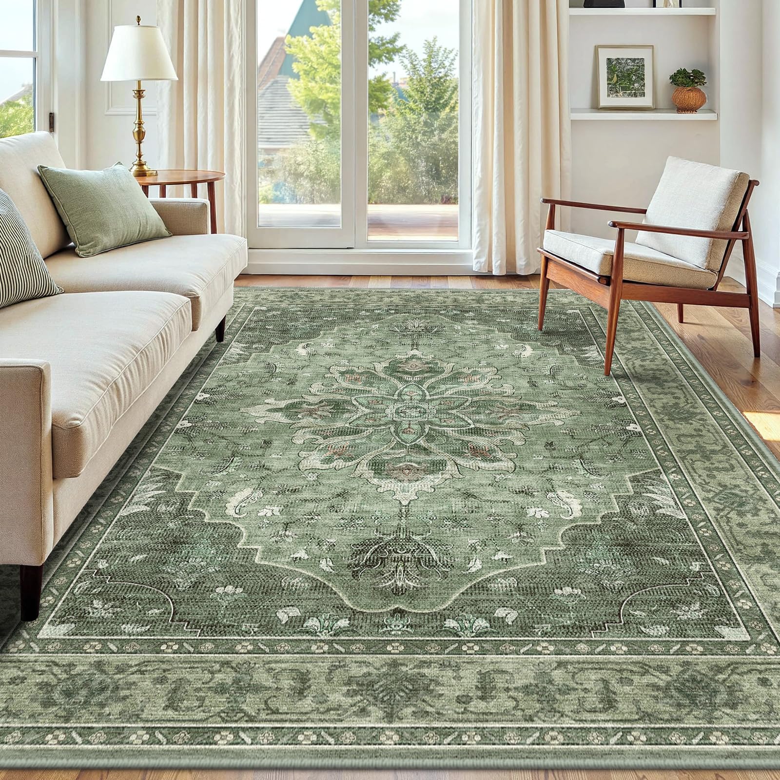 INOVADAY Machine Washable Rugs 150x210 cm Vintage Area Rug Low Pile Anti-Slip Carpet with Print Pattern for Living Room Bedroom Home Office Indoor Green/Grey