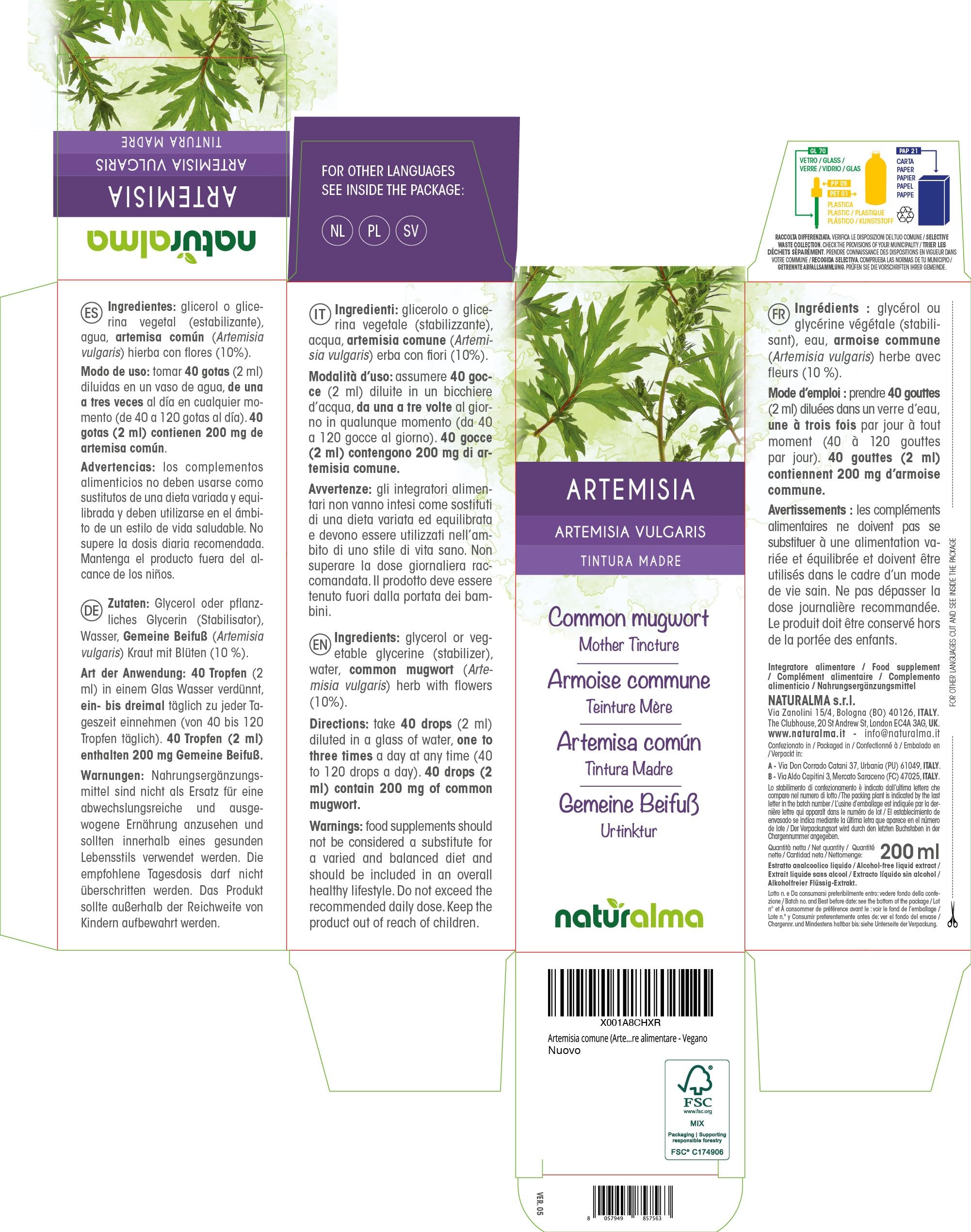 Gemeine Beifuß (Artemisia vulgaris) Kraut mit Blüten Alkoholfreier Urtinktur Naturalma - Flüssig-Extrakt Tropfen 200 ml - Nahrungsergänzungsmittel - Veganer