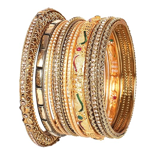 Handcrafted Bollywood Antique Gold Bangle Set, 9pcs