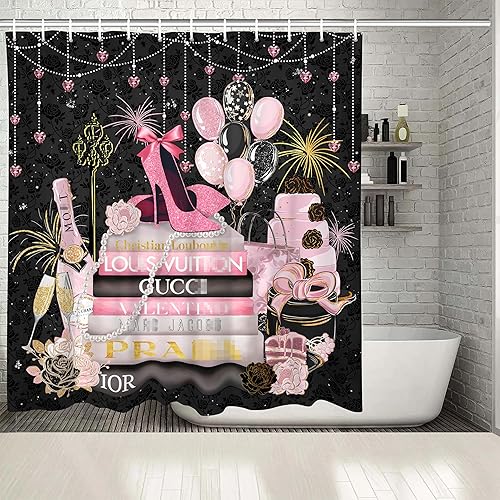 Cortina de ducha de moda, cortinas de ducha de lujo rosa y negro, cortinas de ducha florales femeninas, tela de poliéster impermeable para