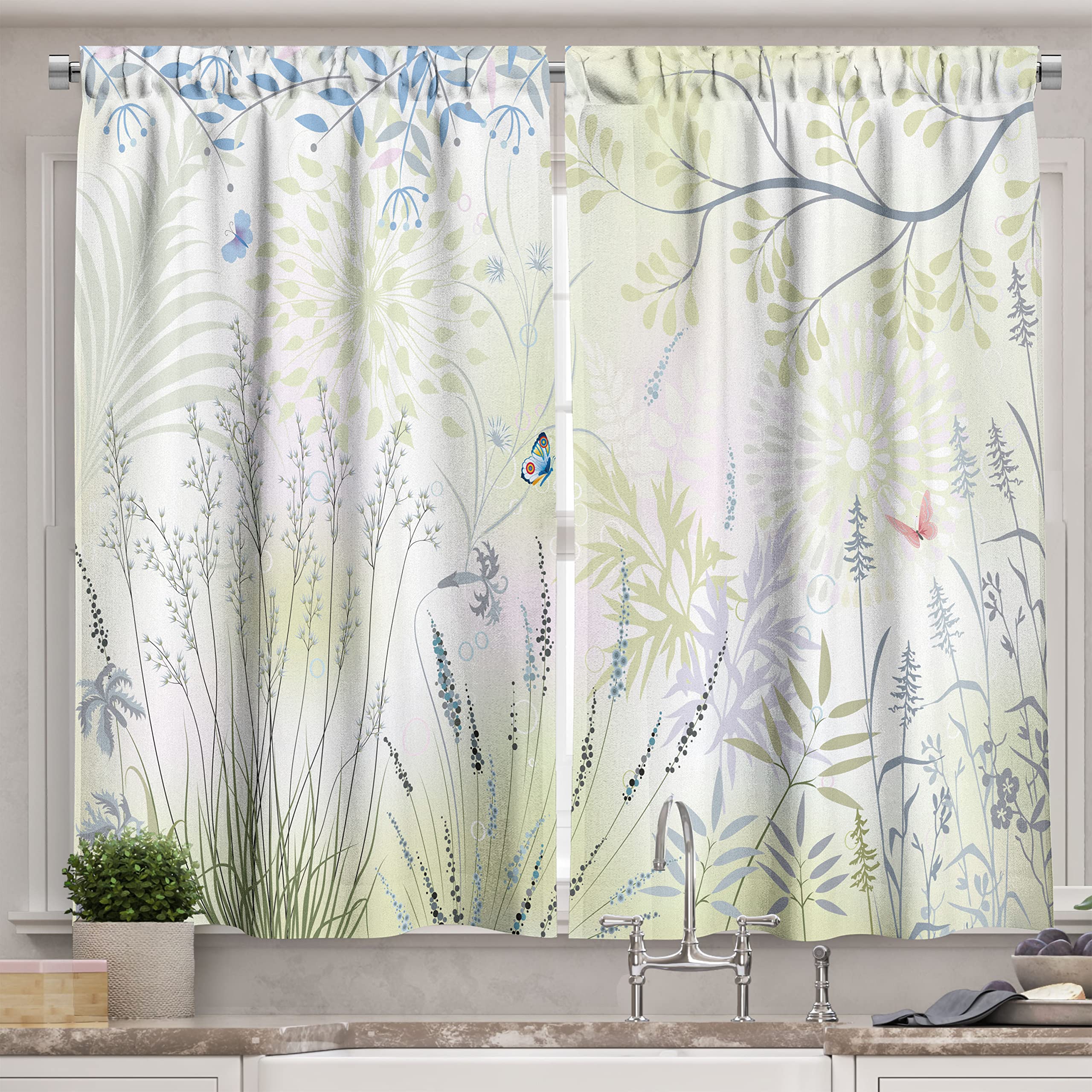 Ambesonne Nature Kitchen Curtains, Wild Herbs and Butterfly Fern Curved Branch Mother Earth Foliage Graphic, Window Drapes 2 Panel Set for Kitchen