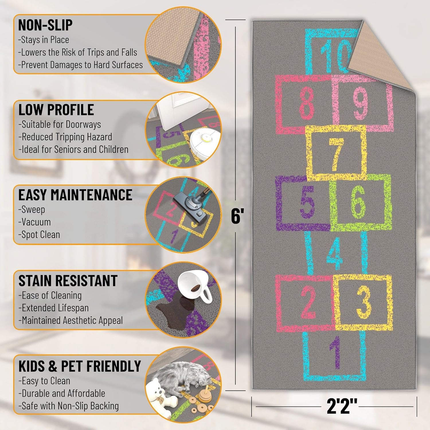 Ottomanson 2'2" x 6' Hopscotch Kids Rug - Play Mat for Playroom, Bedroom, Daycare & Classroom - Fun & Interactive Game Carpet - Durable and Non-Slip - Perfect for Learning & High-Traffic Areas, Pink