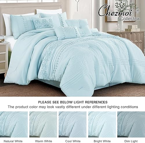 Miniatura 8 de Chezmoi Collection Grace - Juego de edredón de 7 piezas, diseño floral bordado floral azul pálido con pompones, a rayas, tamaño King