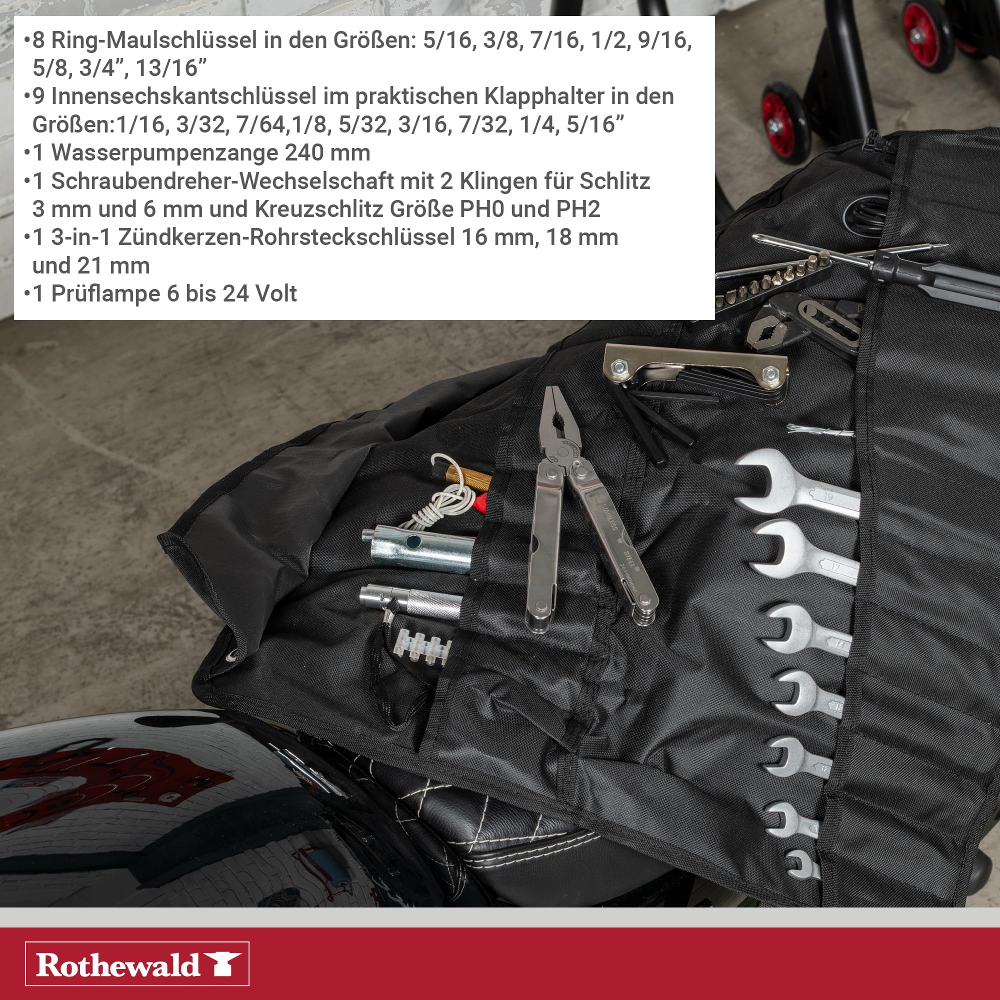 Rothewald Bordwerkzeug Motorrad 51‑teilig zöllig – Werkzeug‑Set als Motorradwerkzeug für unterwegs, Werkzeugrolle mit Ringmaulschlüssel, Innensechskantschlüssel und Zündkerzen‑Rohrsteckschlüssel