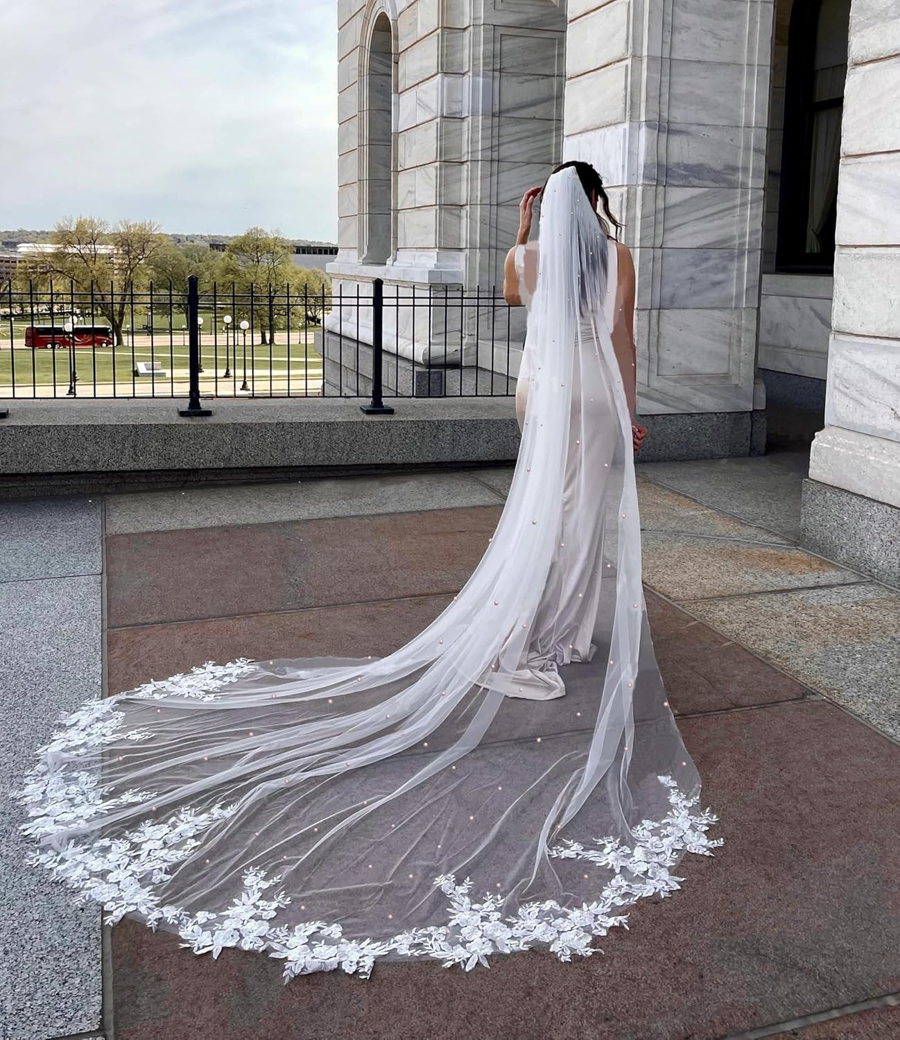 Pearl Bridal Veil for Wedding 1 Tier Long Wedding Veils,Cathedral length Chapel Length with Comb For Brides