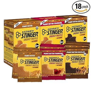 Honey Stinger Organic Peanut Butter Waffle Variety Pack of 18 (6 Per Flavor), Energy Stroopwafel Snack for Exercise, Endurance & Performance, Sports Nutrition for Home & Gym, Workout Fuel