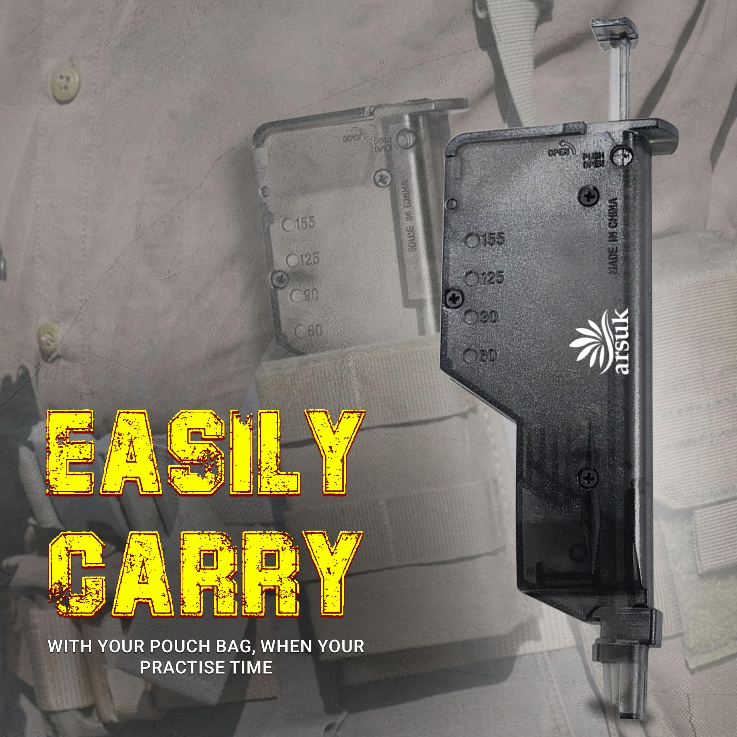 Arsuk Speedloader Airsoft 6 mm z adapterem – 155 kul BB – Czarny – Szybki ładowacz do kulek BB – Narzędzie do błyskawicznego przeładowania magazynków Airsoft: pistolety, repliki i karabiny