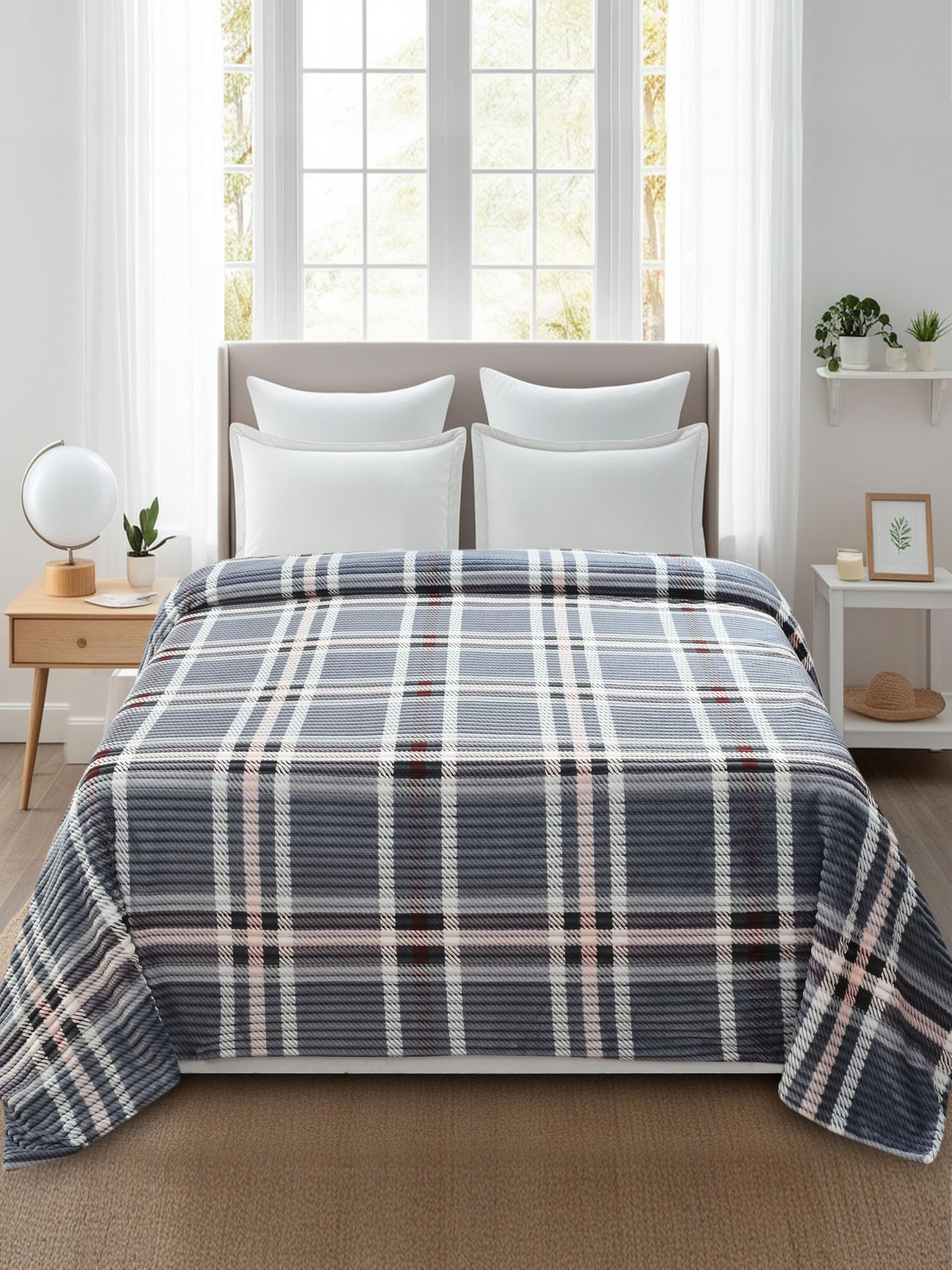 BREVARD Single Bed Woolen Fabric Checkered Quilt Cover/Duvet Cover/Rajai Cover/Blanket Cover for Winters (60x90 Inches, Sea Green) (Grey_PeachBlock, 60X90)-image-35