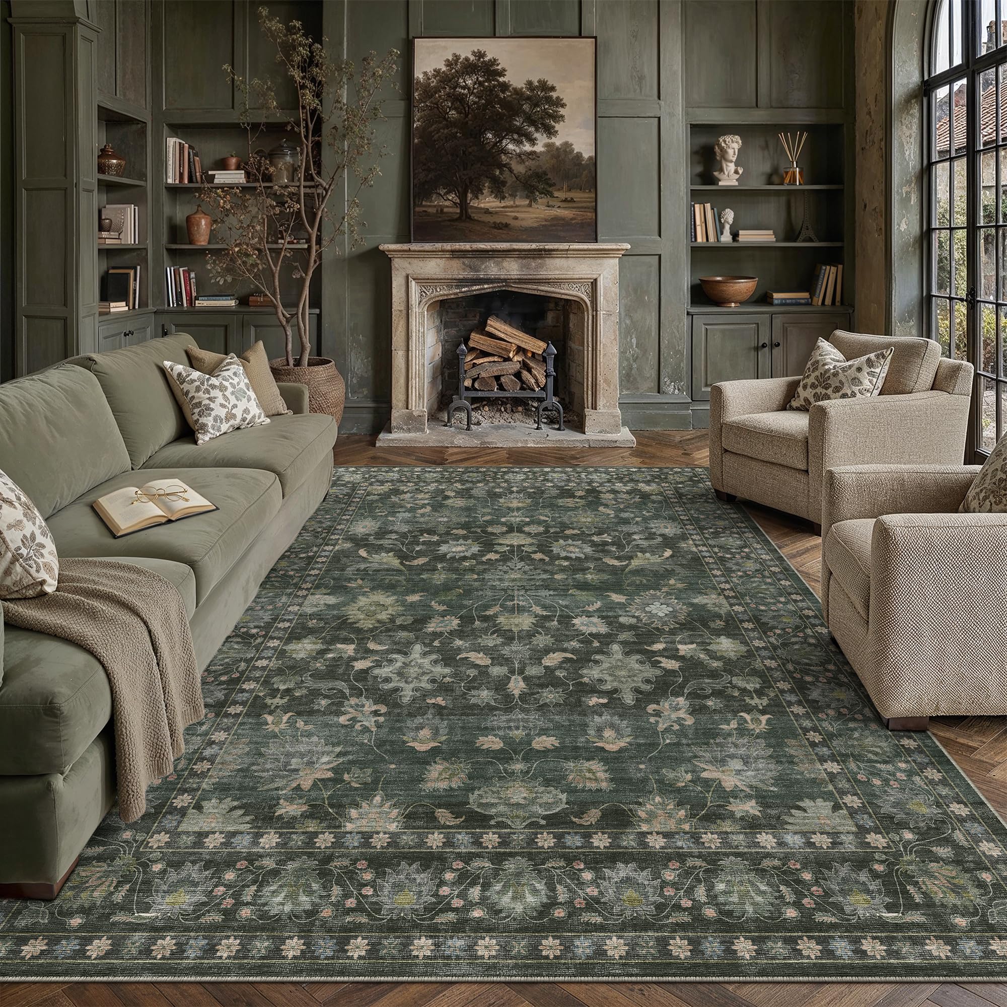 PureCozy Teppich Wohnzimmer Waschbarer Blumenmuster kurzflor rutschfest Weich Bumen Boho Vintage Teppiche