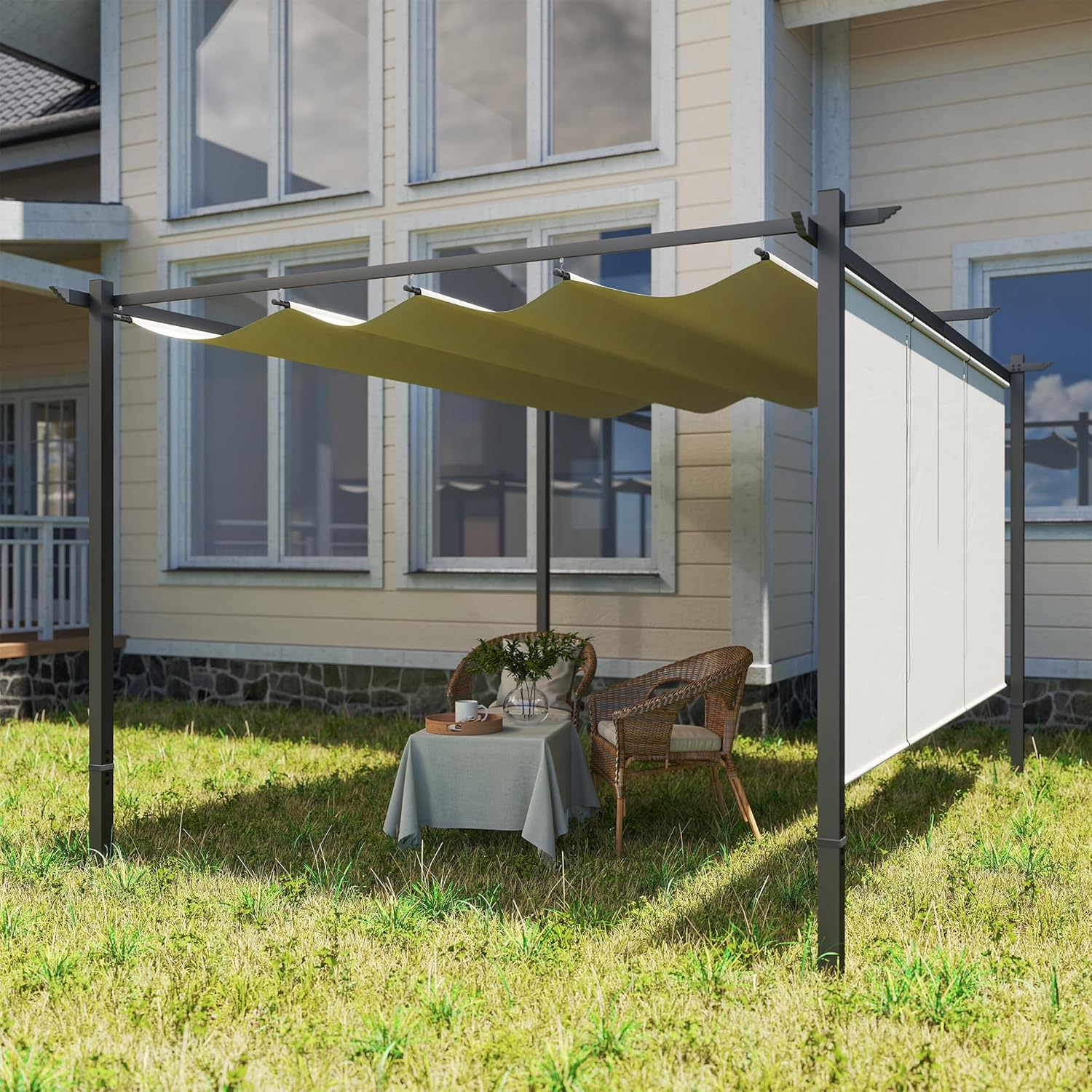 Outsunny 10' x 12' Outdoor Gazebo, Retractable Pergola Canopy with Roller Shade, Wall-Mounted or Free Standing Metal Pergola Kit, UPF30+ Sun Shade Shelter, Beige - Image 9