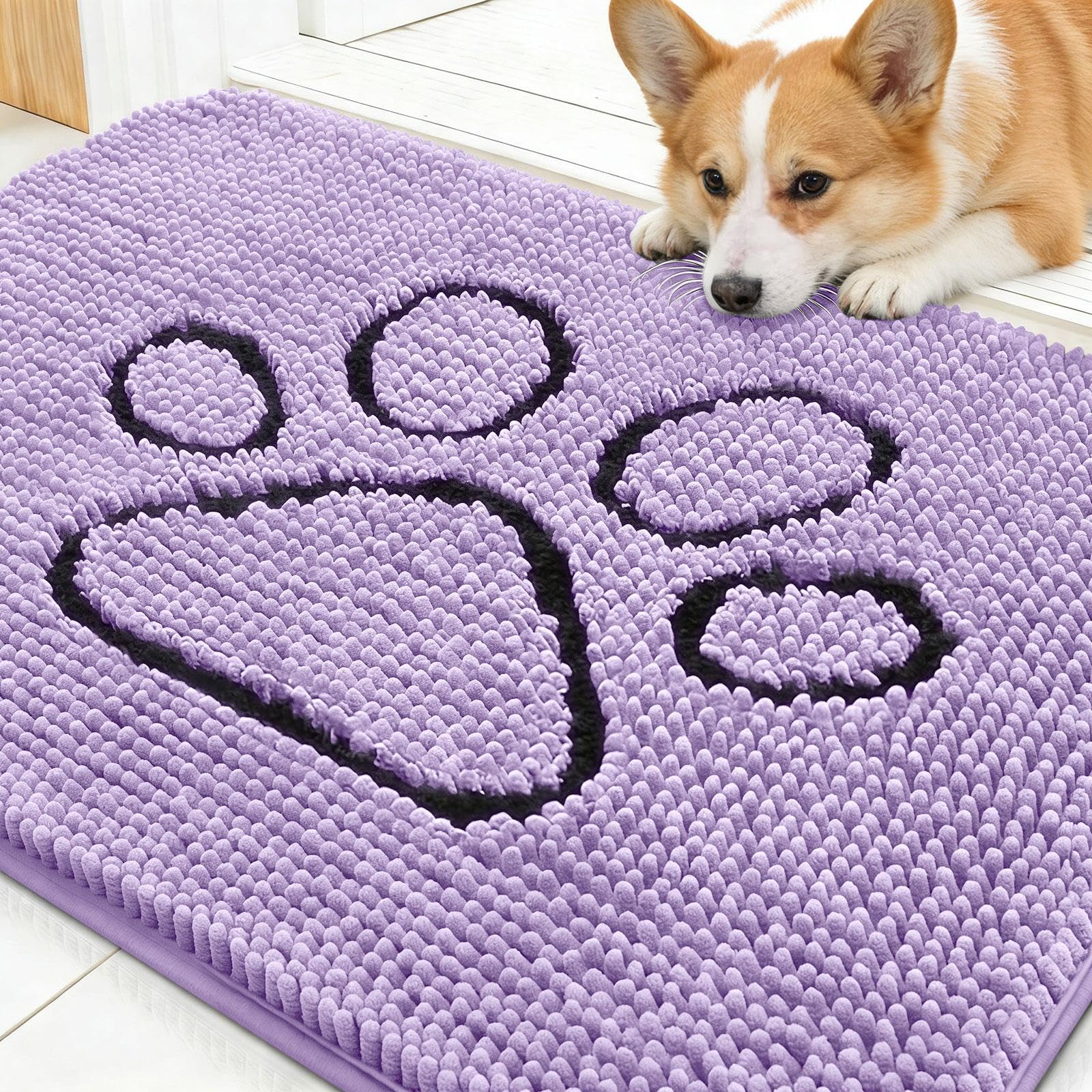OLANLY Dog Door Mat for Muddy Paws 30x20, Paw Print Design Chenille Mud Mat