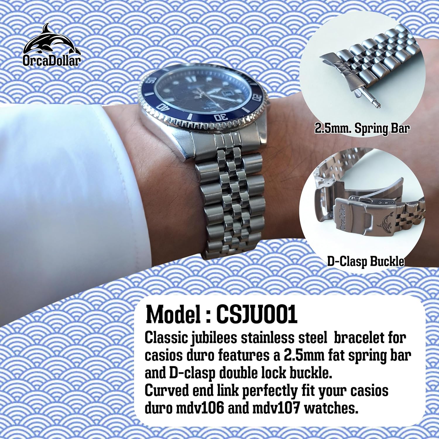 CSJU001 Classic Jubilee Stainless Steel Watch Band for Casio Duro MDV106 / MDV107 – 2.5mm Fat Spring Bar, D-Clasp Double Lock, Curved End Link Fit22mm Watch Strap Replacement Bracelet Bands