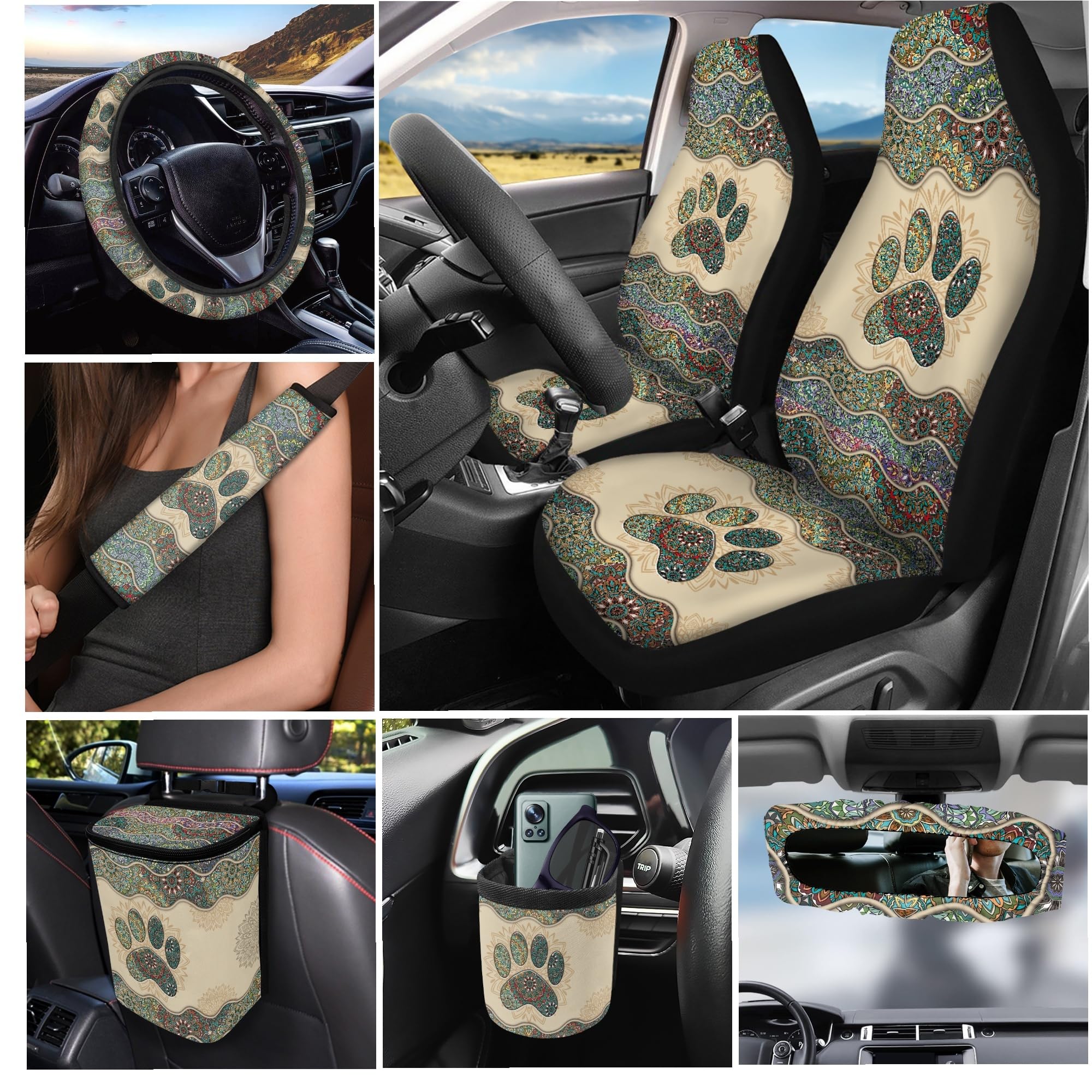 gearider Dog Paw Car Front Back Seat Covers Full Set Include Keychain/Rearview Mirror Cover/Coasters/Trash Can/Steering Wheel Cover/Seat Belt Covers/Air Vent Pocket Mandala Car Interior Decor