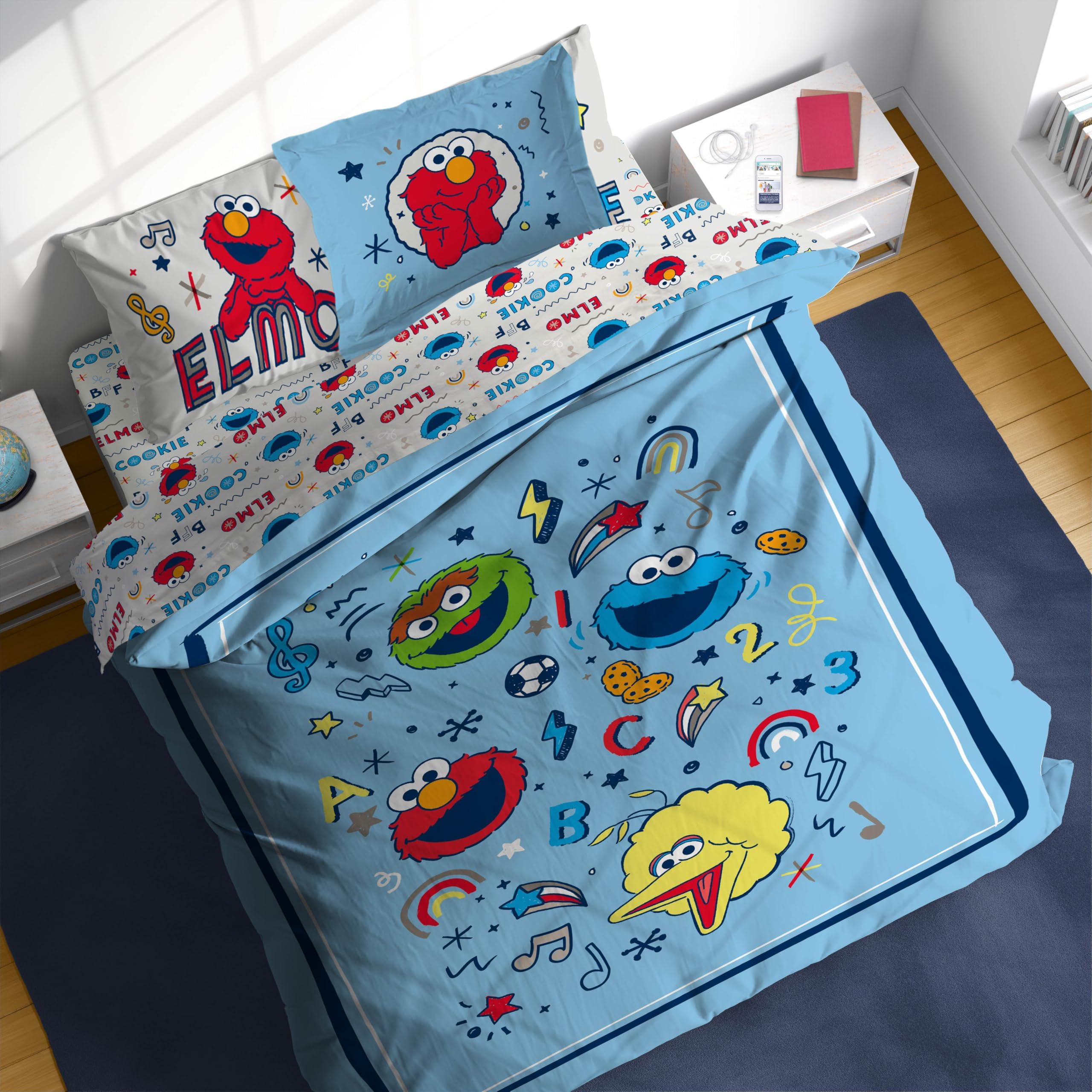 Sesame Street Full Comforter Set – 7 Piece Kids Bedding Includes Comforter, Sheets & Pillow Cover – Super Soft Microfiber Bed Set with Elmo, Cookie Monster and Big Bird