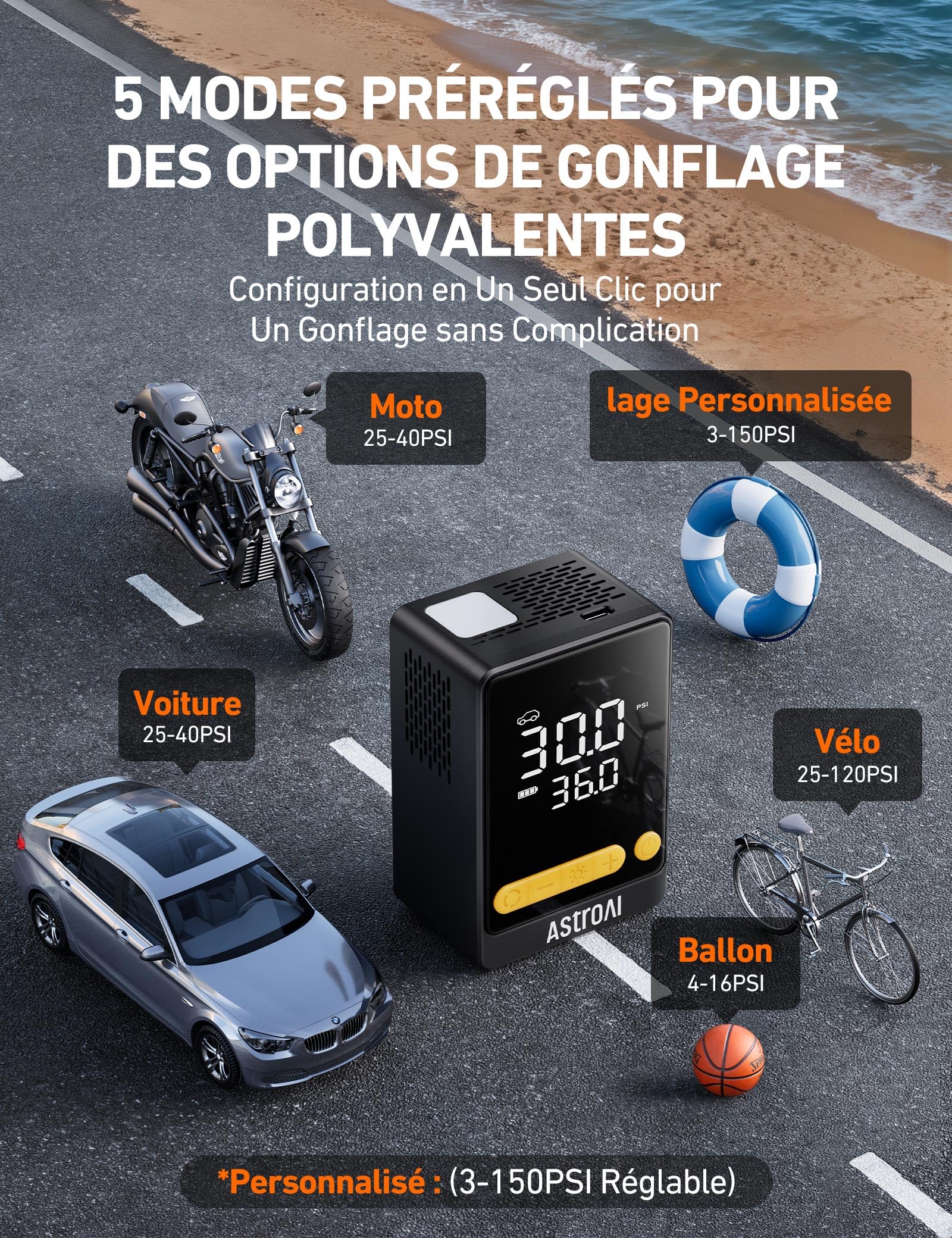 AstroAI Gonfleur Pneus Voiture sans Fil, Compresseur à Air Portatif, Mini Pompe Électrique 150PSI(10.3Bar) Gonflage 2X Plus Rapide, Compacte & Faciles Ranger Arrêt Automatique pour Voiture, Vélo, Moto