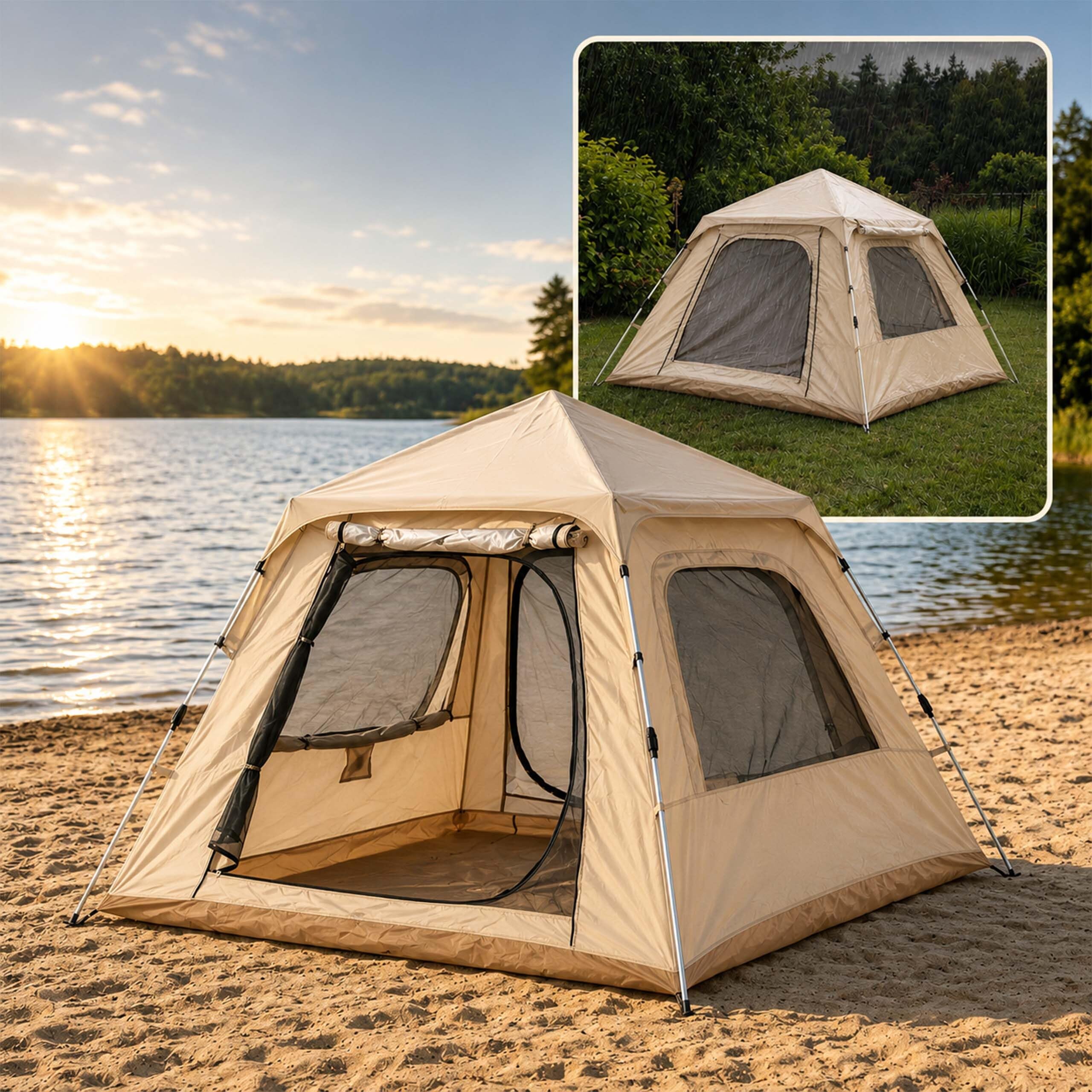 Relaxdays Tienda de campaña automática 3-4 Personas, Beige | montaje rápido, protección UV, con toldo, 155x240x240 cm