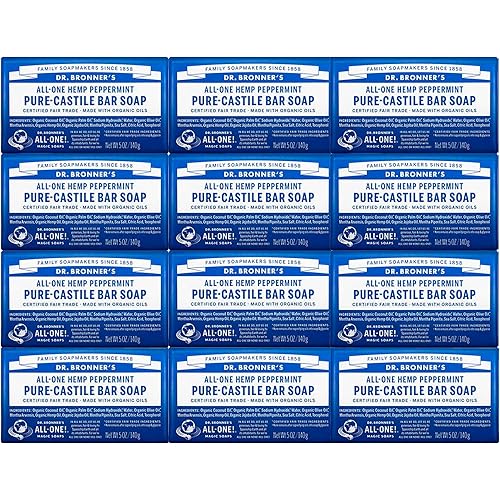 Dr. Bronner's - Pure-Castile Bar Soap (Peppermint, 5 Ounce, 12-Pack) - Made with Organic Oils, For Face, Body & Hair, Gentle & Moisturizing, Biodegradable, Vegan, Cruelty-free, Non-GMO
