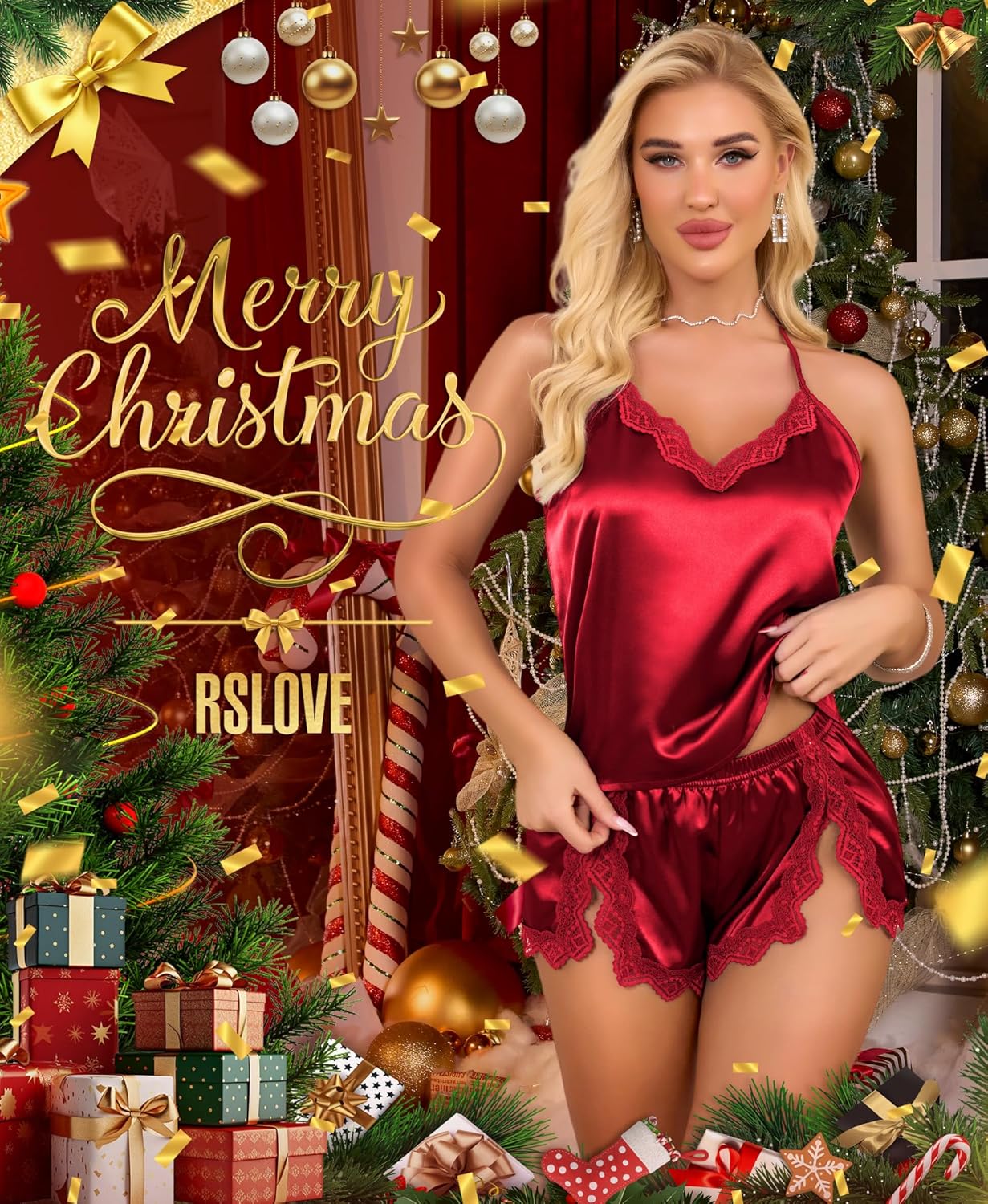 RSLOVE Women Pajama Set Sleepwear - Satin Pajamas Silk V Neck Cami and Shorts Pjs 2 Piece Womens Sexy Lace Lounge Nightwear - Image 4