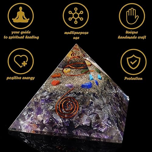 Miniatura 7 de Crocon Amatista orgón pirámide de cobre con resorte de cobre relleno de siete piedras preciosas de chakras feng shui equilibrio de chakras Reiki