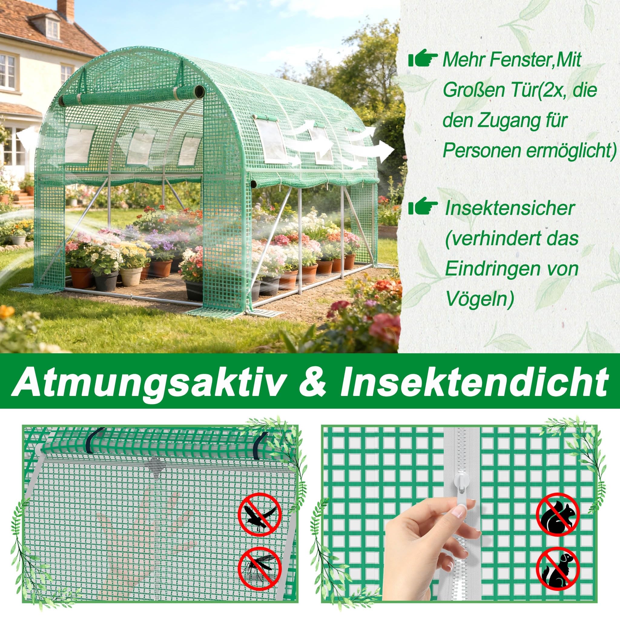 Aufun Gewächshaus 200x300x200 cm Foliengewächshaus Winterfest, Tomatenhaus mit 6 Fenstern & Tür, 140g/m² PE-Folie, Folientunnel mit verzinktem Stahlrahmen,Treibhaus für Garten, Balkon & Anzucht