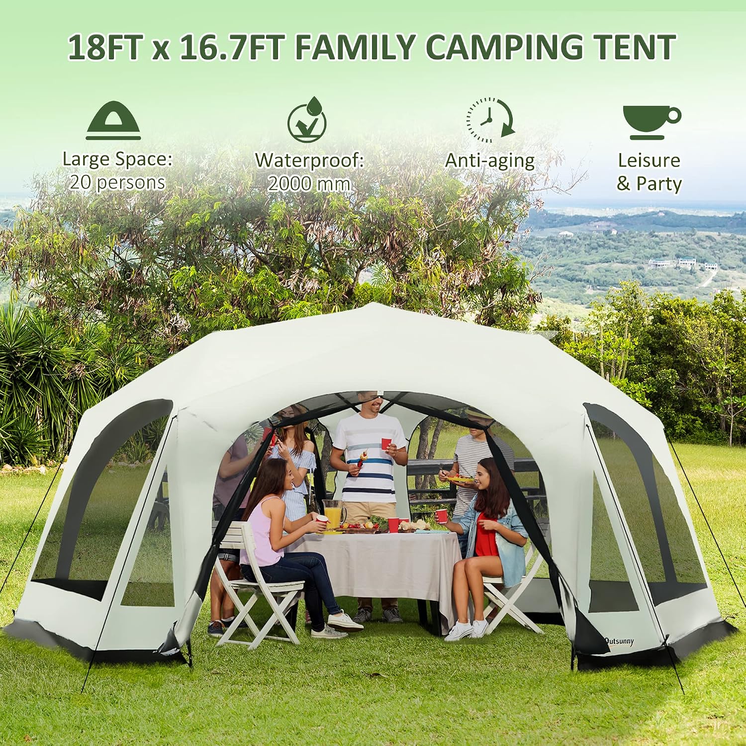 Image highlighting the ventilation features of the tent, showing mesh windows and zippered doors for airflow and insect protection.