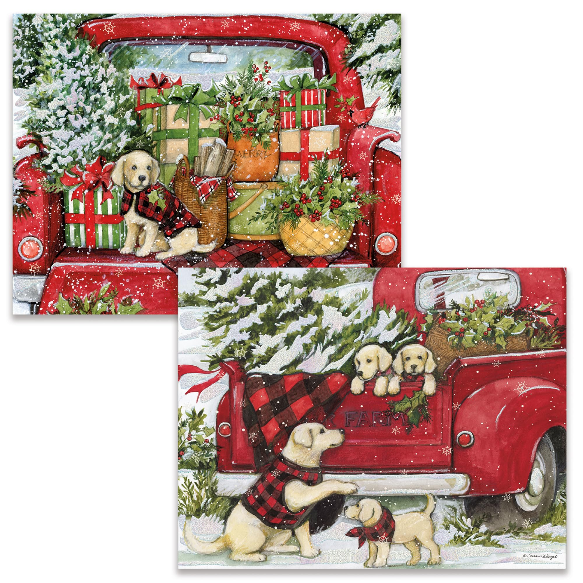 Lang Weihnachtskarten mit Welpen und Geschenken, sortiert, in Box (1008126)