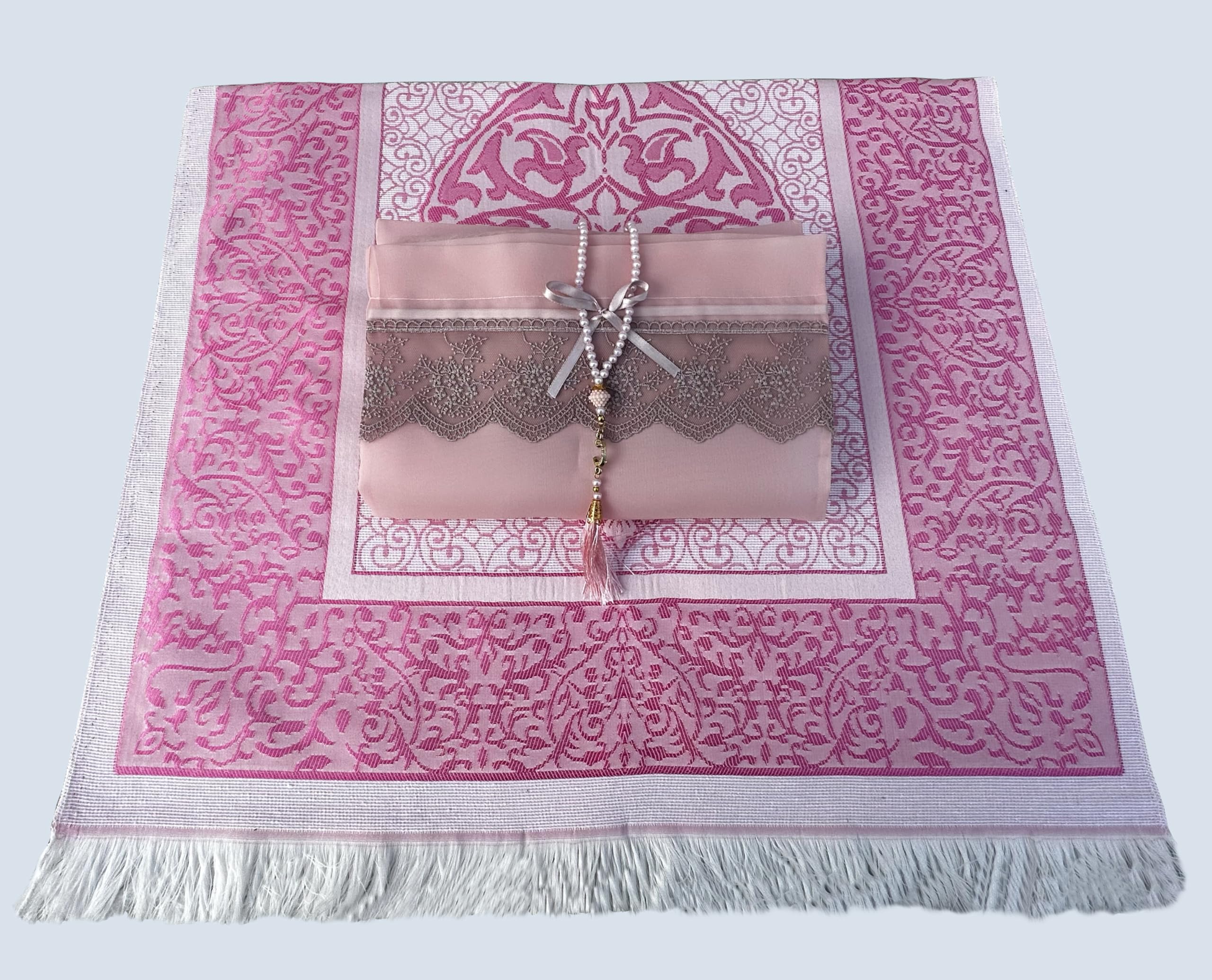 Muslim Prayer Rug, 7 in One Gift Set, Prayer Mat Surah Book, Tasbeeh, Scarf, Surah Case, Bookmark, Car Mirror Hanger, Prayer Beads,Islamic Gift for Umrah, Hajj, Wedding, Janamaz (Purple) (A1)