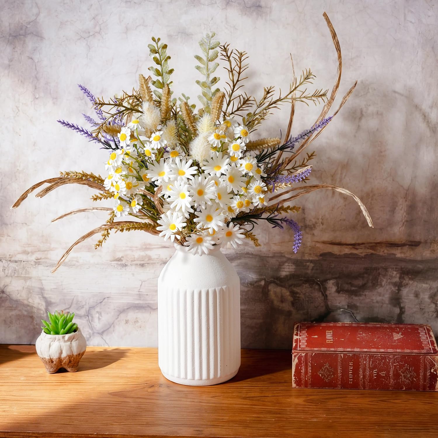 Artificial Flowers with White Ceramic Vase – Spring Farmhouse Floral Centerpiece Table Decorations, Faux Lavender & Daisy Flower Arrangement for Coffee Table, Dining Room, Living Room & Home Decor