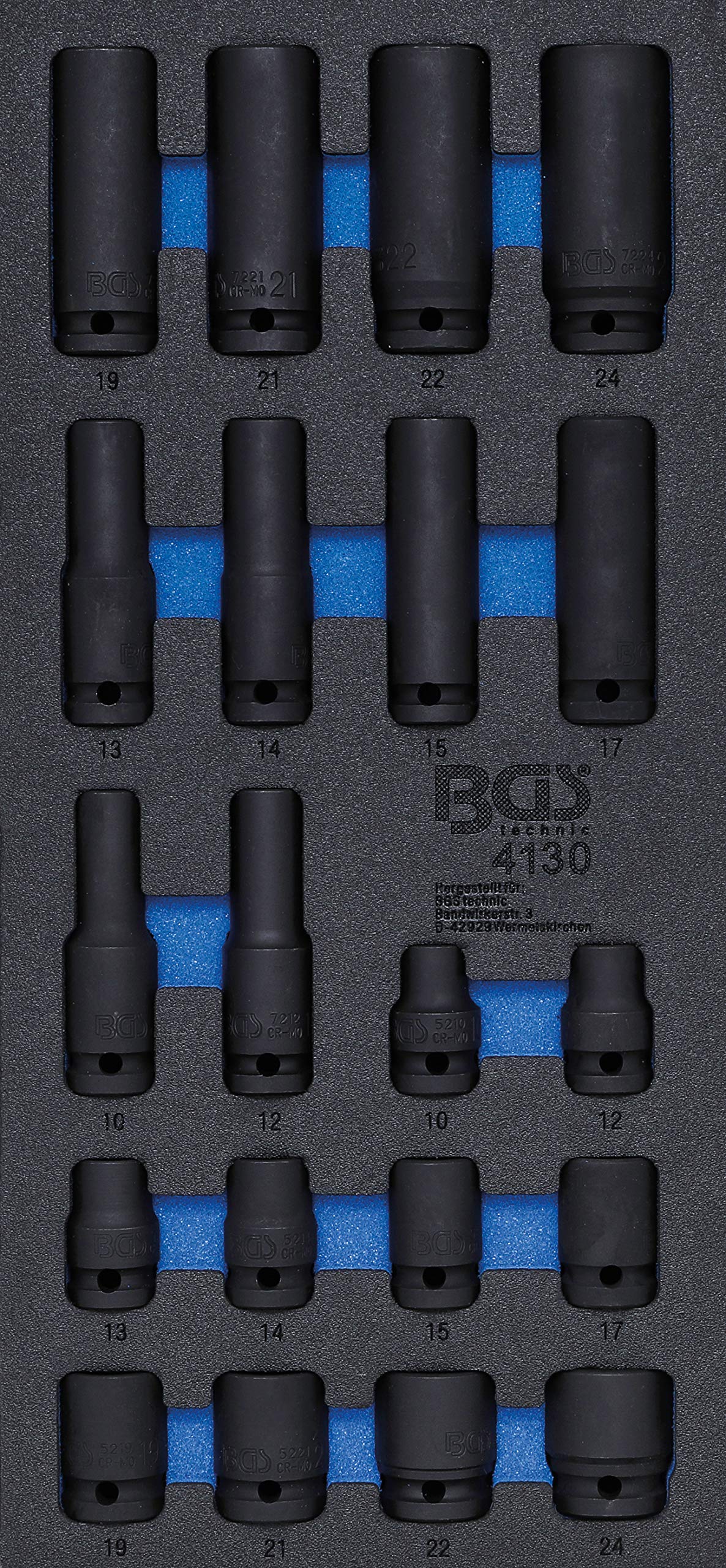 BGS 4130 | Bandeja para carro 1/3: Llaves de vaso de impacto hexagonal | 12,5 mm (1/2") | 10 - 24 mm | 20 piezas